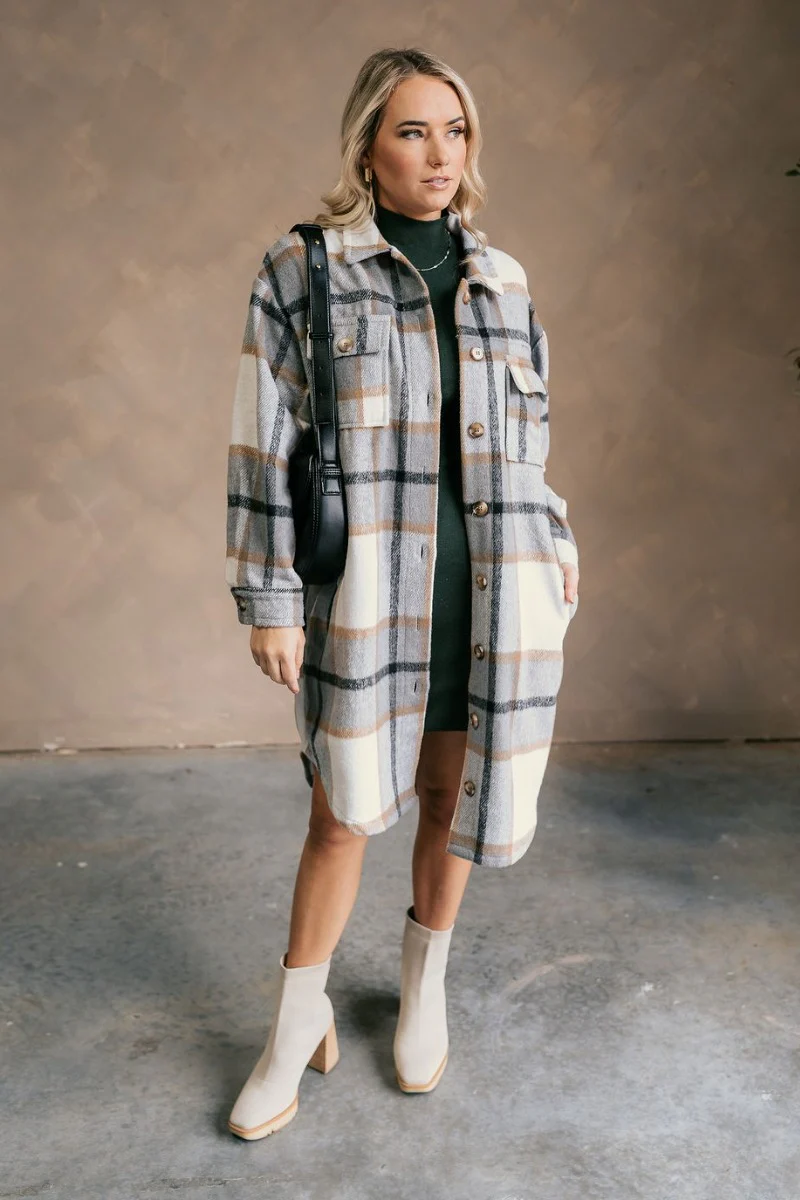 Brynn Grey Plaid Longline Shacket - Image 2