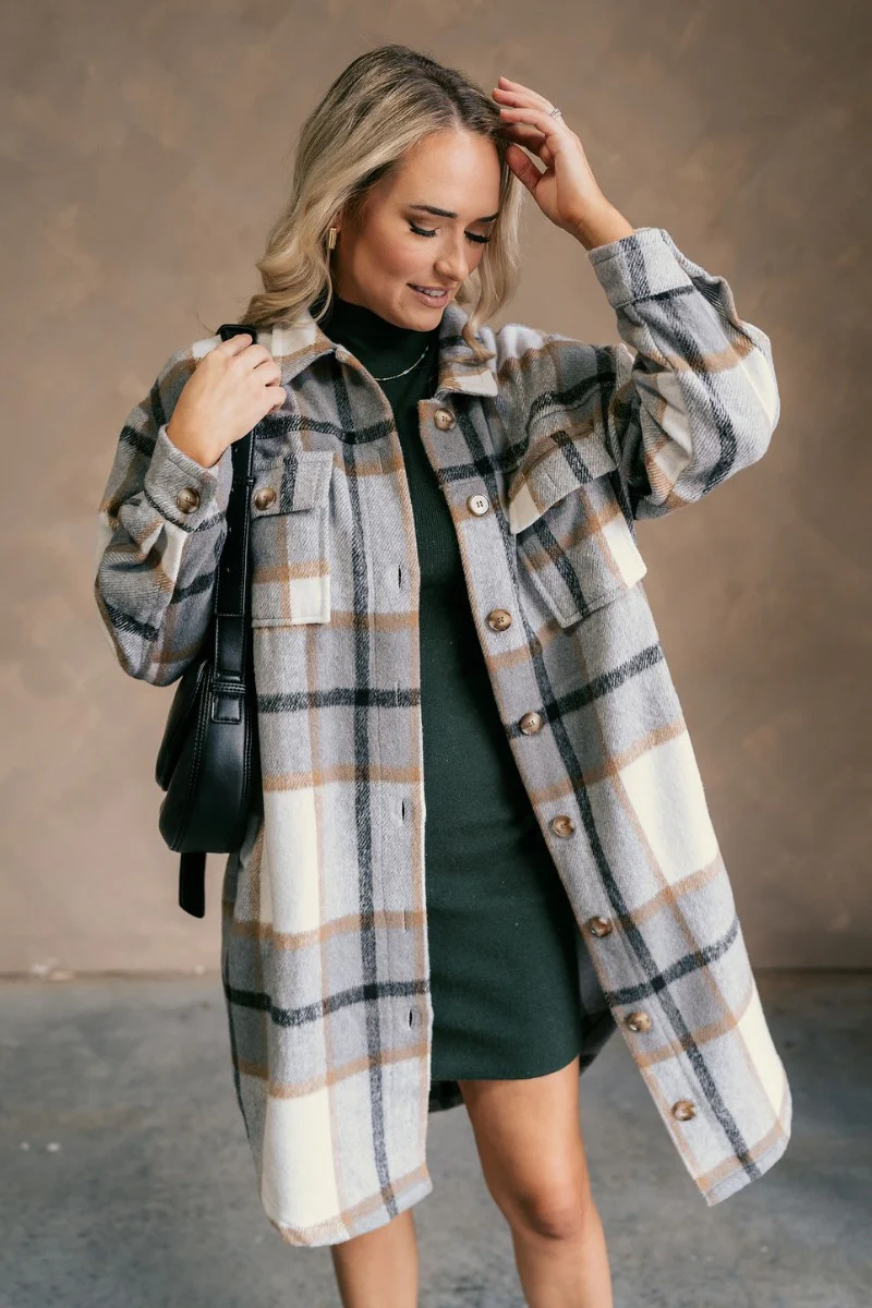 Brynn Grey Plaid Longline Shacket - Image 4