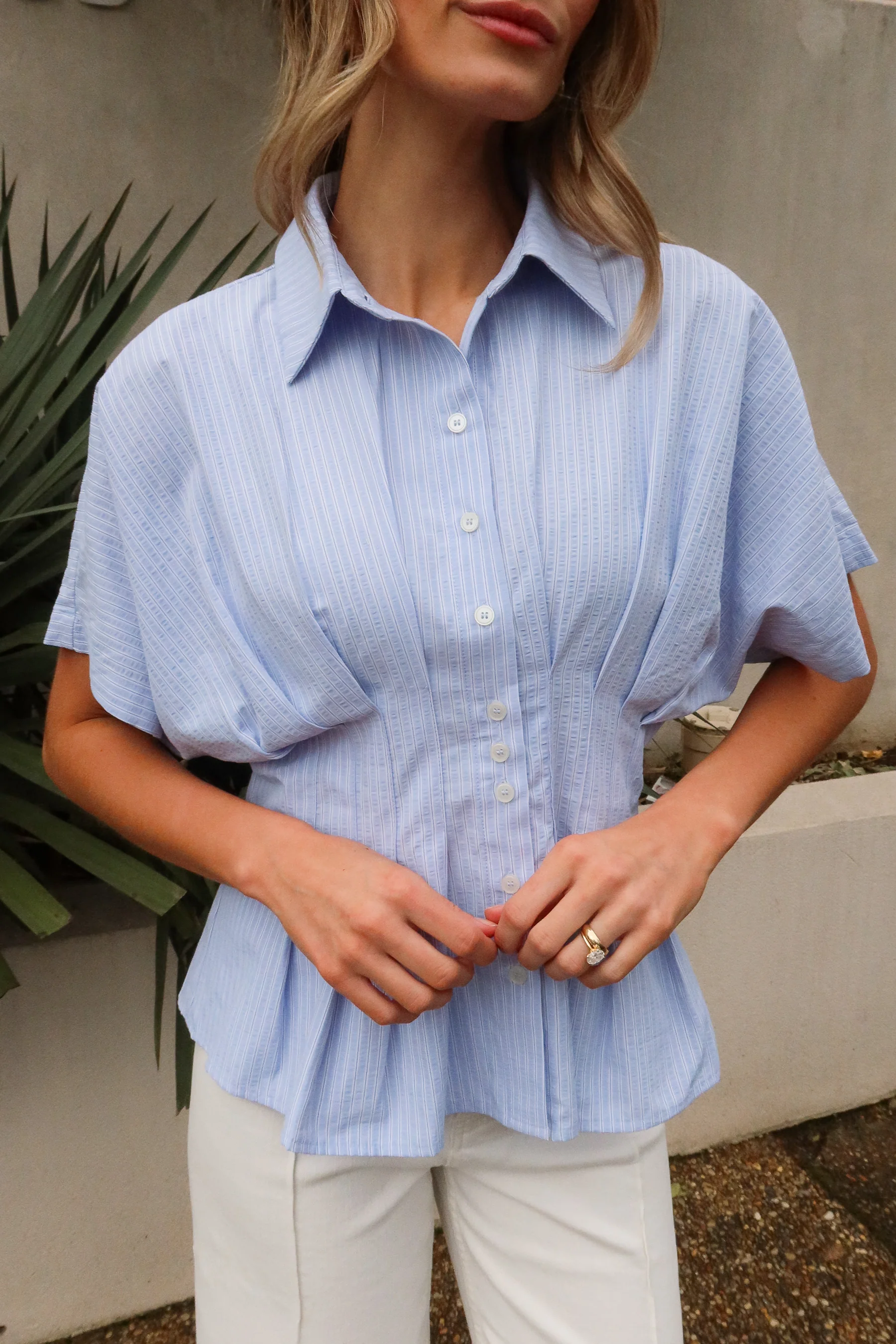 Brynn Light Blue & White Stripe Flare Top - Image 2