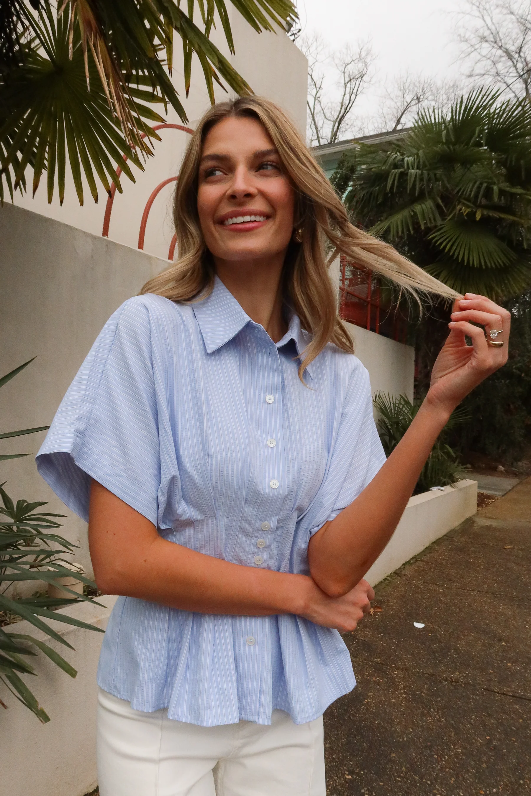 Brynn Light Blue & White Stripe Flare Top - Image 7