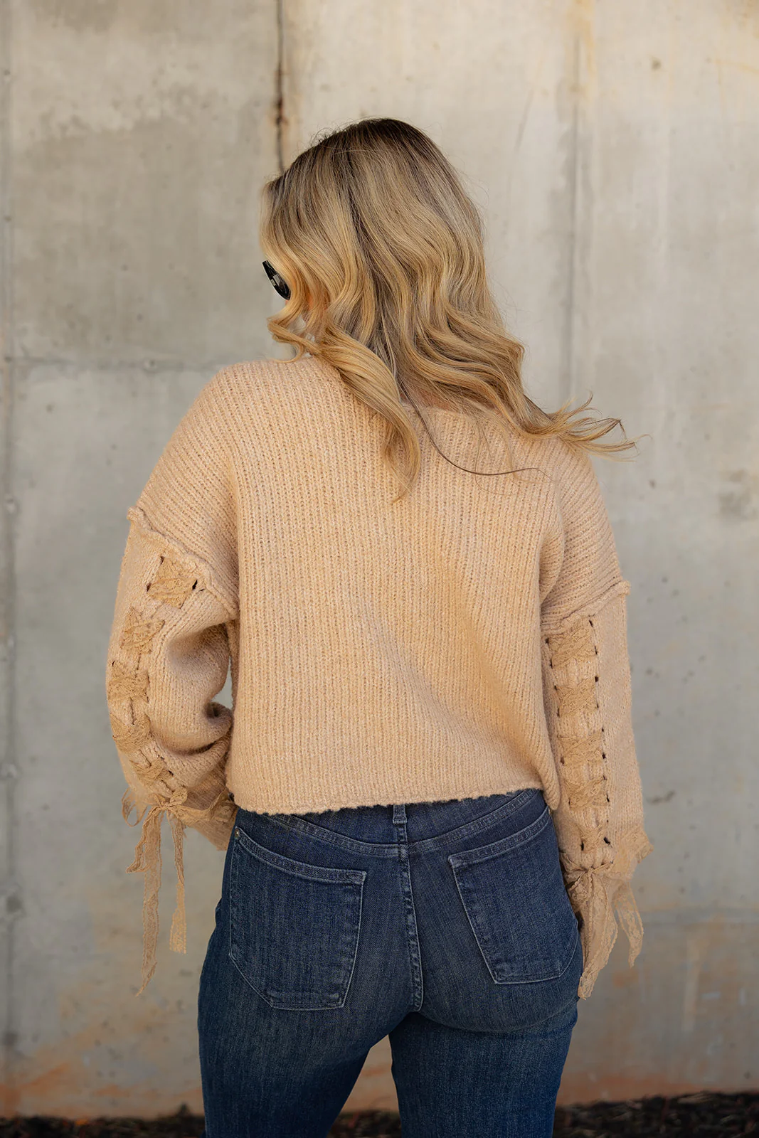 Brynna Taupe Lace Tie & Knit Sweater - Image 10