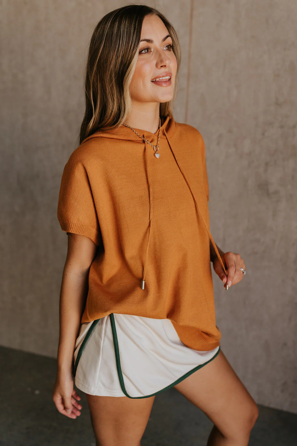 Jeannie Camel Short Sleeve Hoodie Top - Image 2