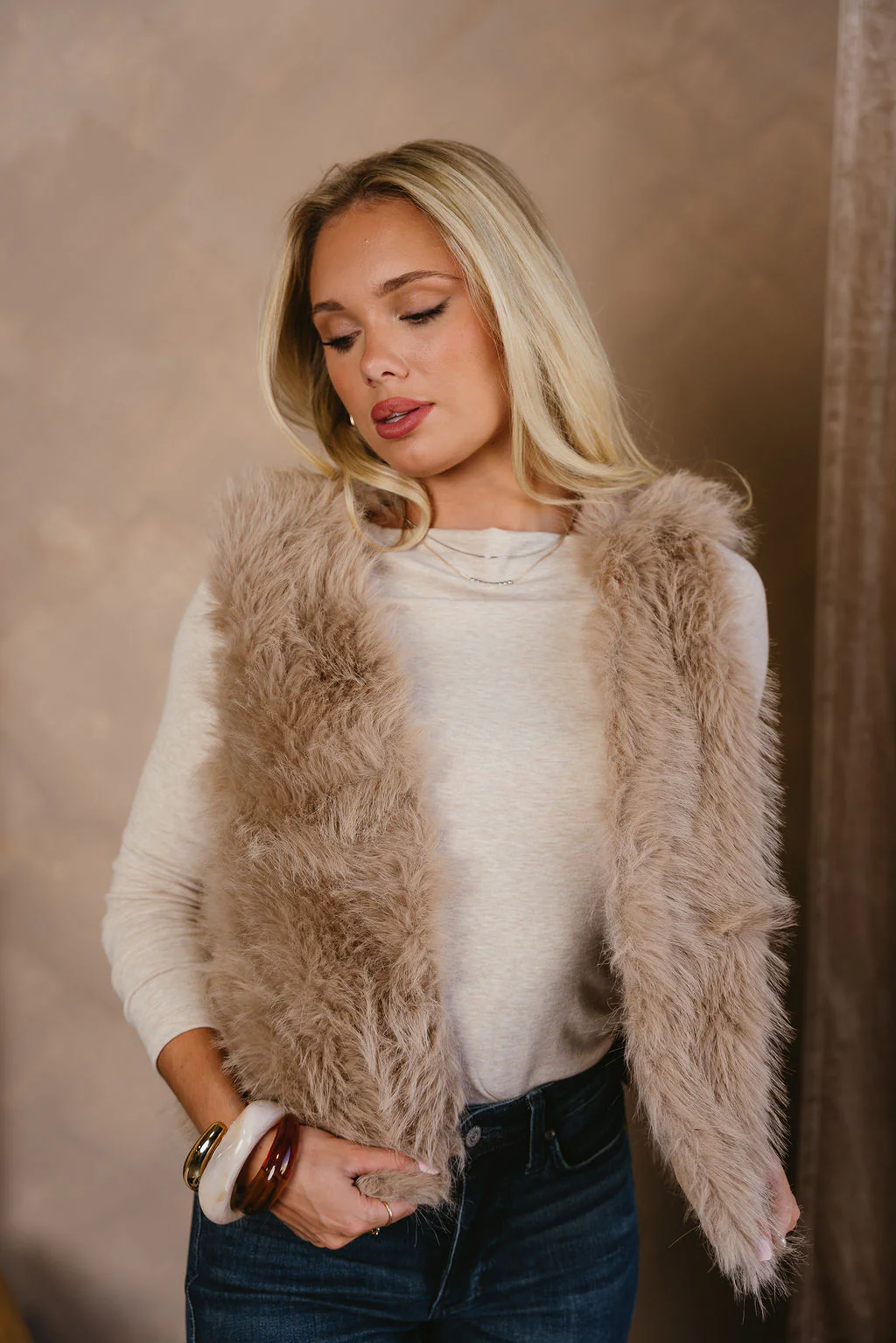 Cadie Taupe Faux Fur Vest - Image 6
