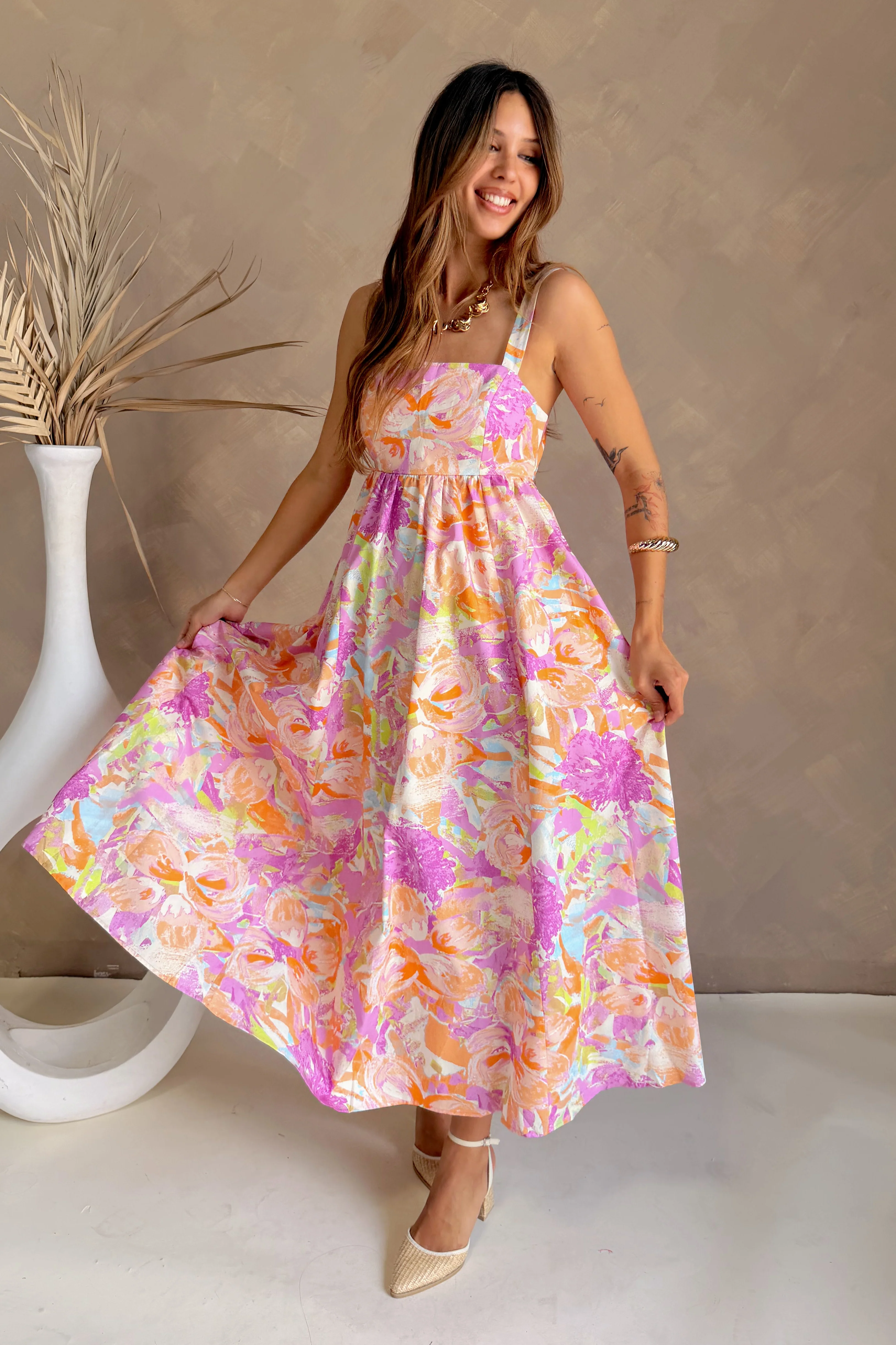 Cali Multi Floral Print Midi Dress