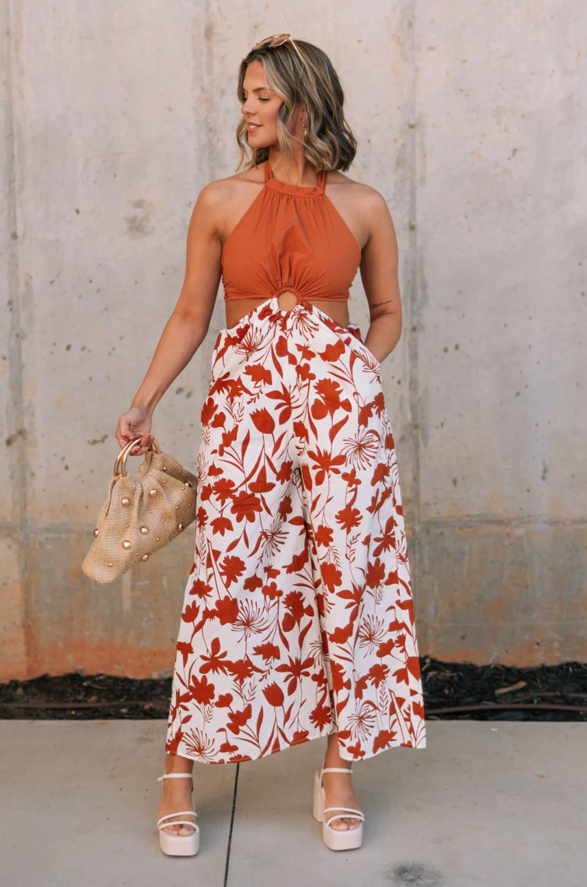 Cali Rust & Cream Cutout Floral Jumpsuit