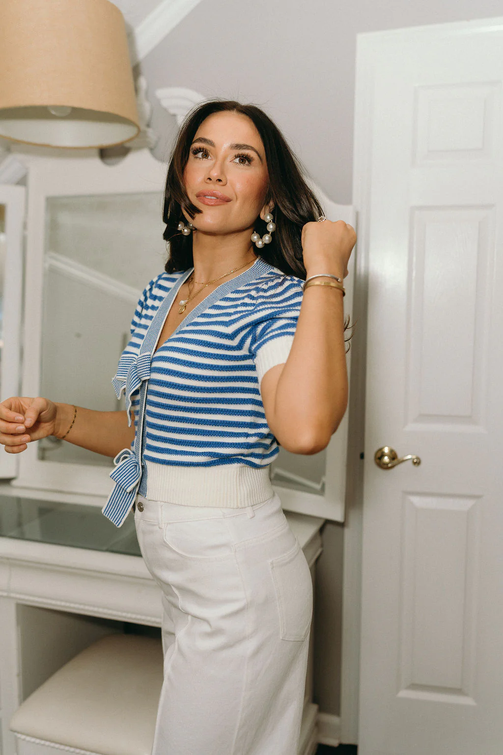 Calista Blue & White Striped Bow Top - Image 3