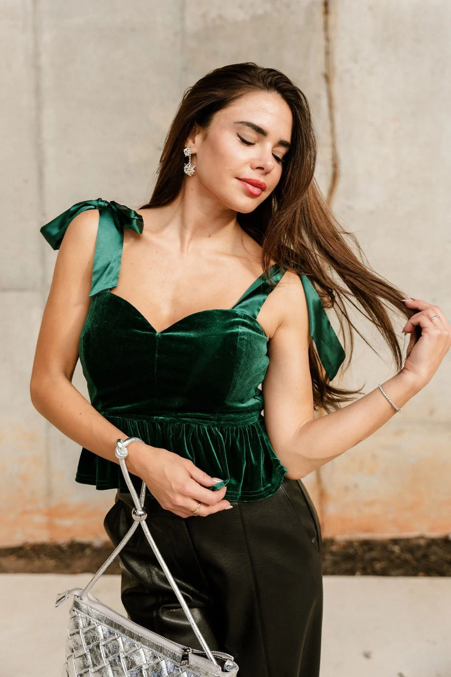 Calista Green Velvet Bow Strap Top