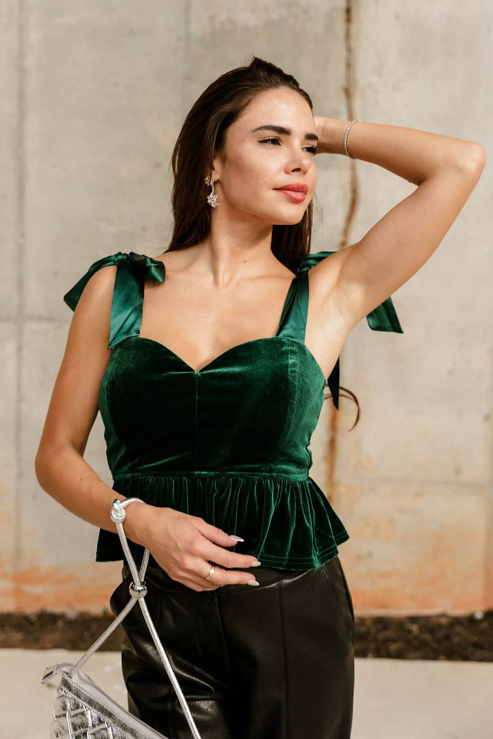 Calista Green Velvet Bow Strap Top - Image 3