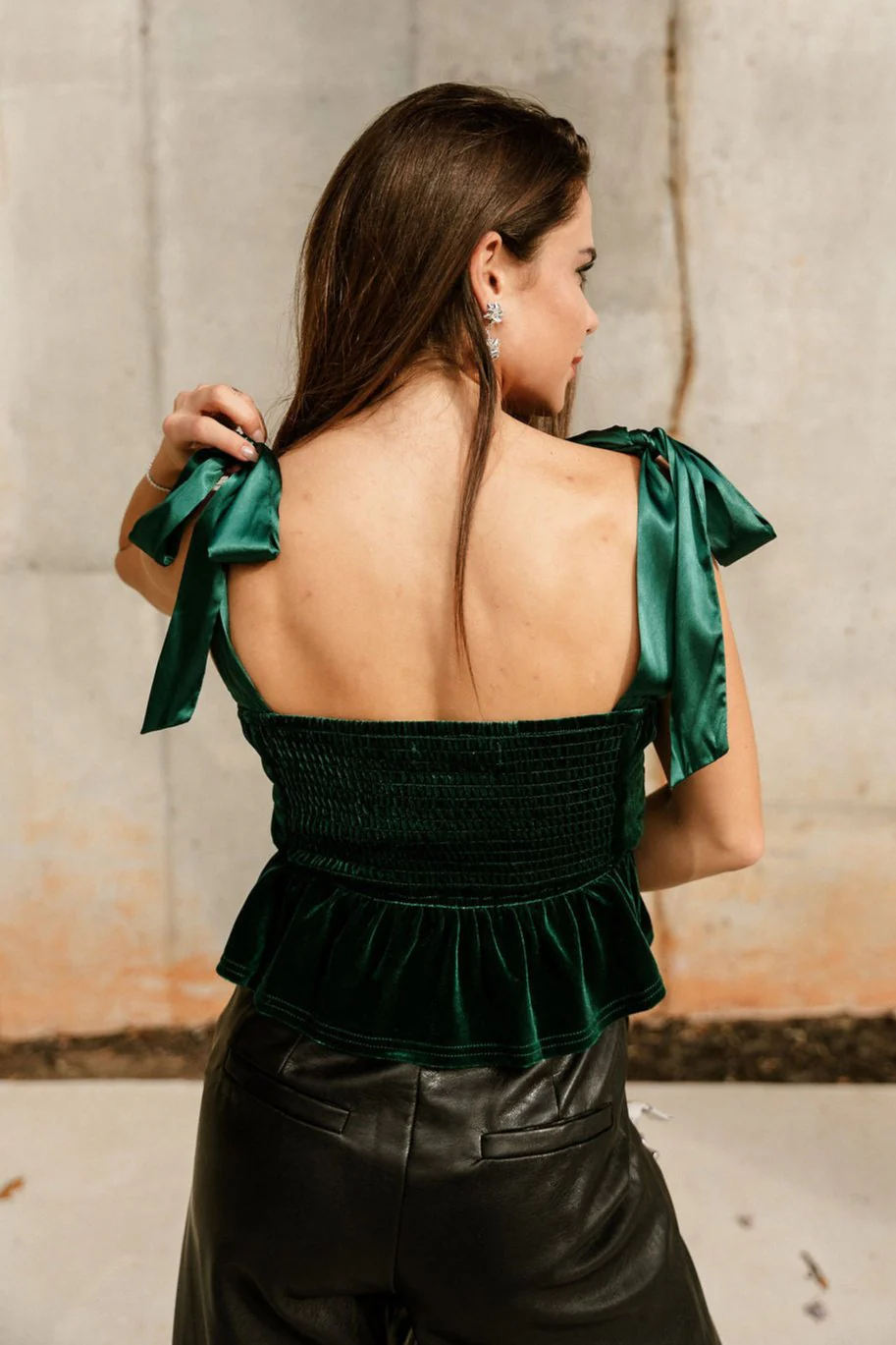 Calista Green Velvet Bow Strap Top - Image 7