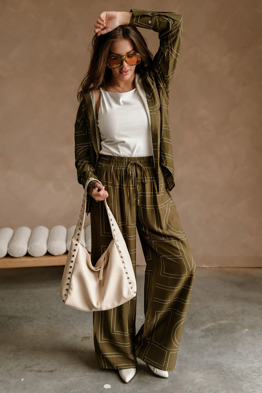 Calyn Olive & Cream Printed Wide Leg Pants