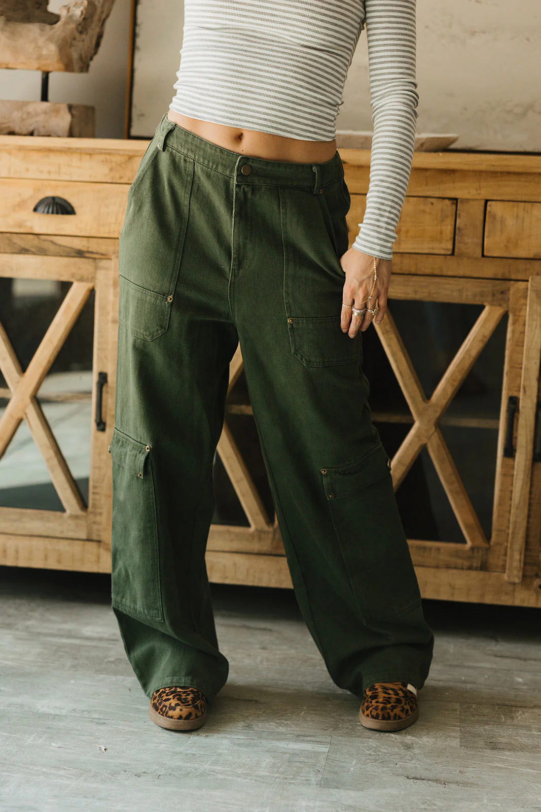 Calyra Olive Denim Cargo Pants - Image 3
