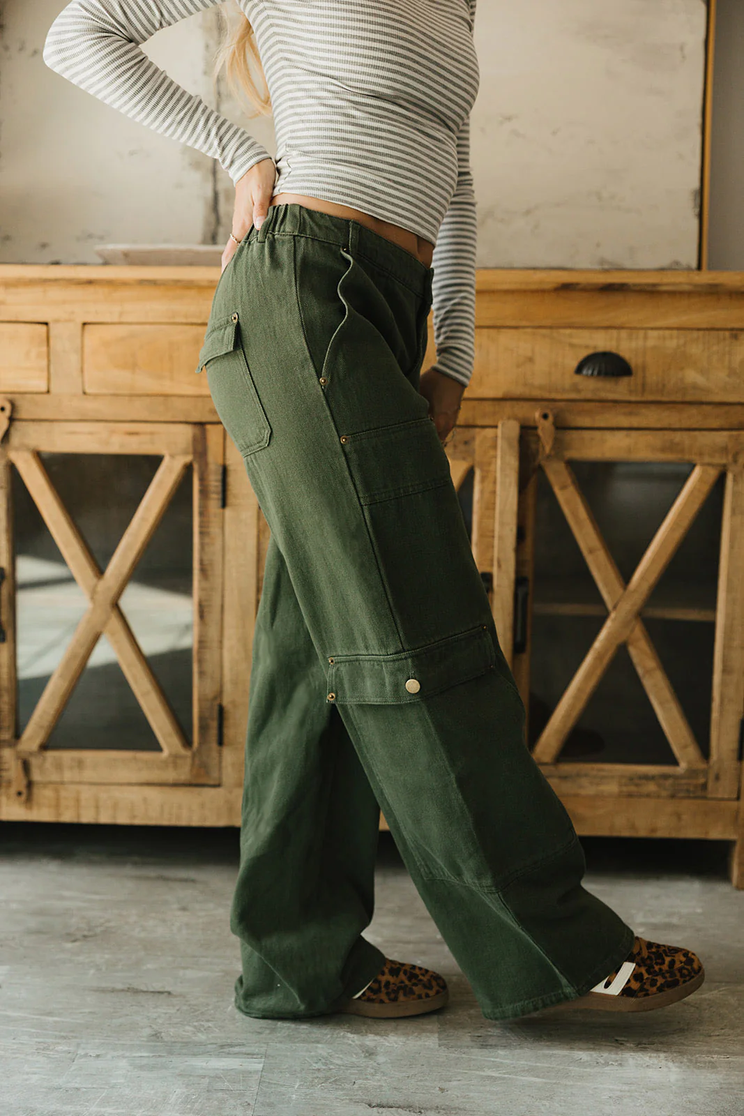 Calyra Olive Denim Cargo Pants - Image 5