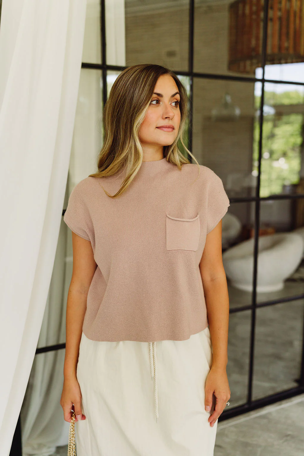 Cameron Taupe Mock Neck Pocket Sweater - Image 3