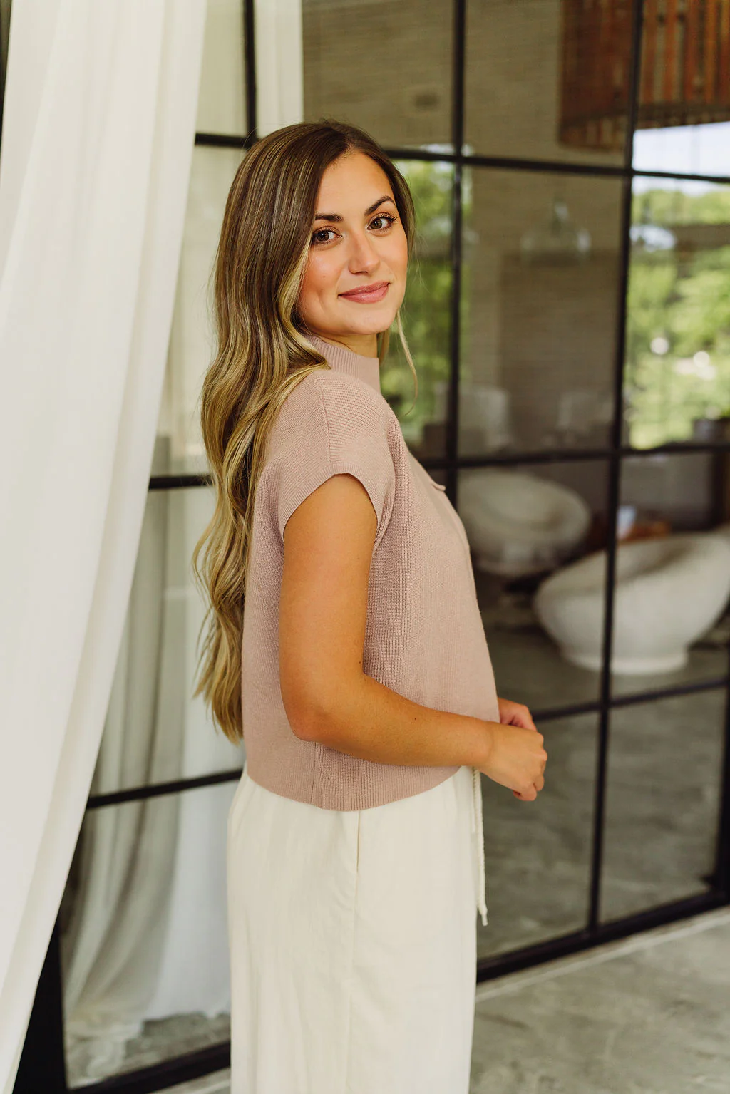 Cameron Taupe Mock Neck Pocket Sweater - Image 7
