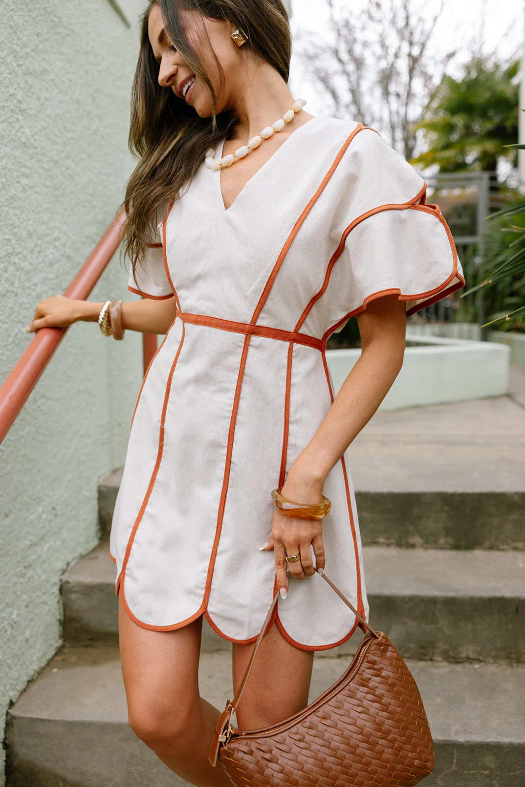 Camila Natural & Rust Scallop Mini Dress - Image 7