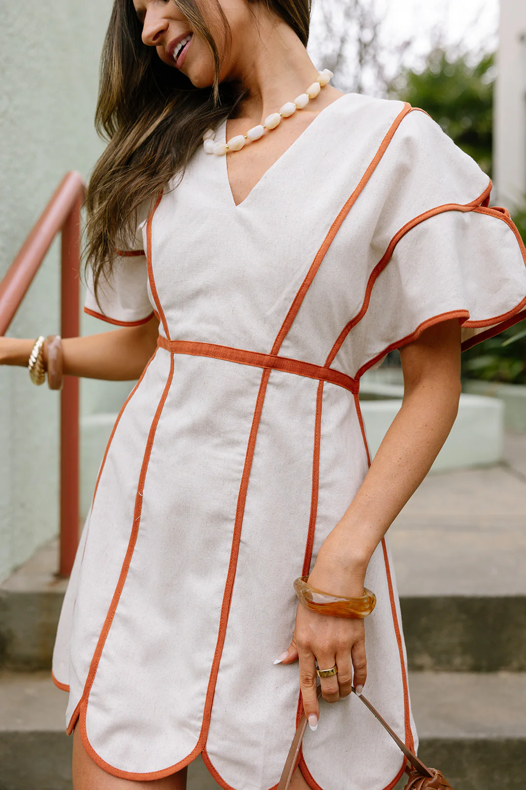 Camila Natural & Rust Scallop Mini Dress - Image 8