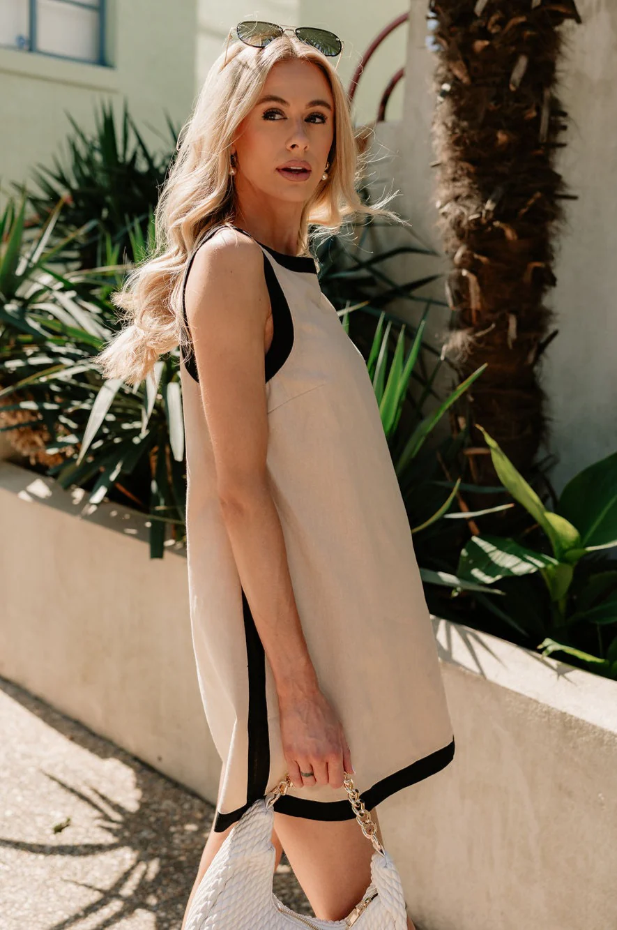 Camila Oatmeal & Black Sleeveless Mini Dress - Image 5
