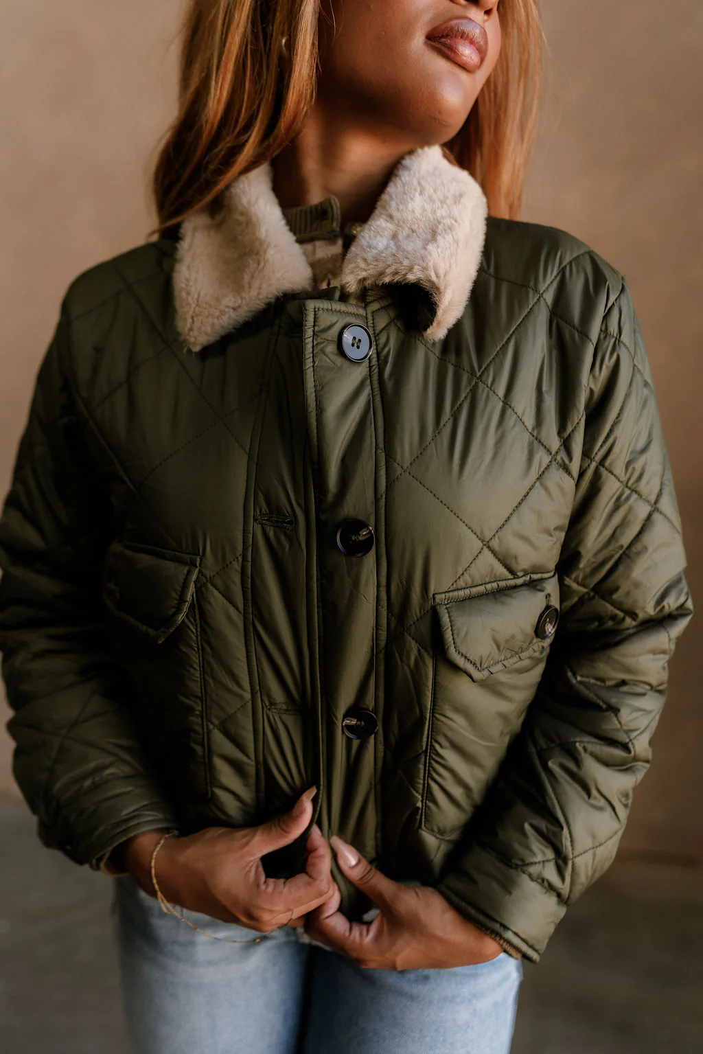 Camila Olive Puffer & Beige Fur Jacket