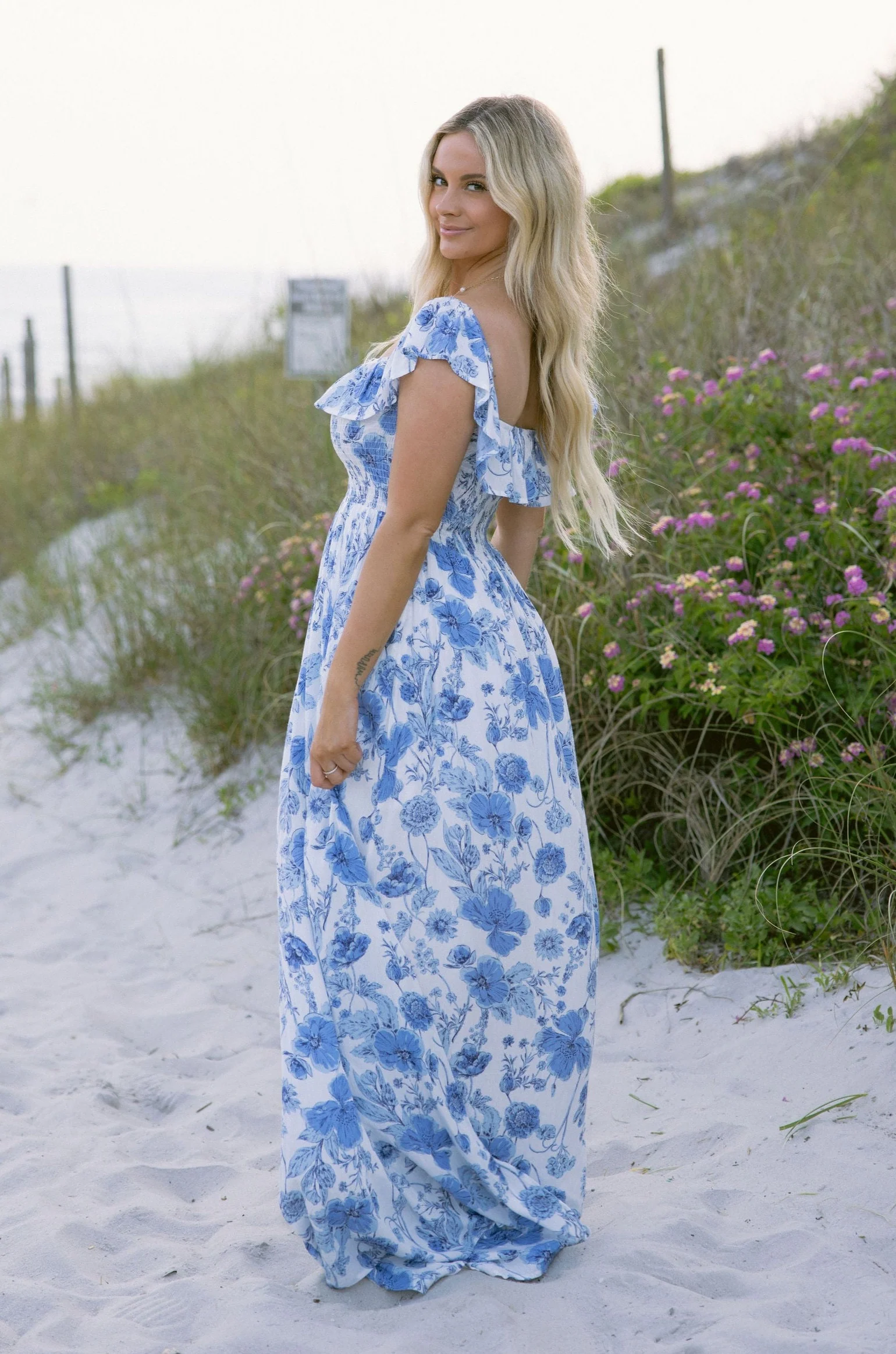Camila White & Blue Floral Ruffle Maxi Dress