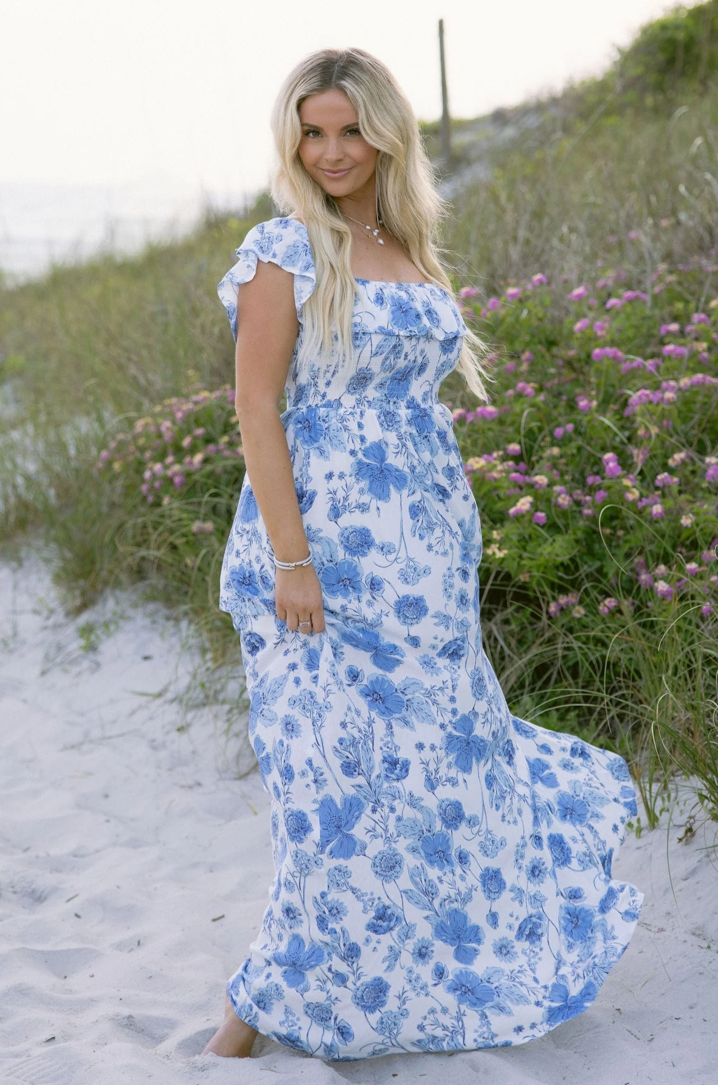 Camila White & Blue Floral Ruffle Maxi Dress - Image 2