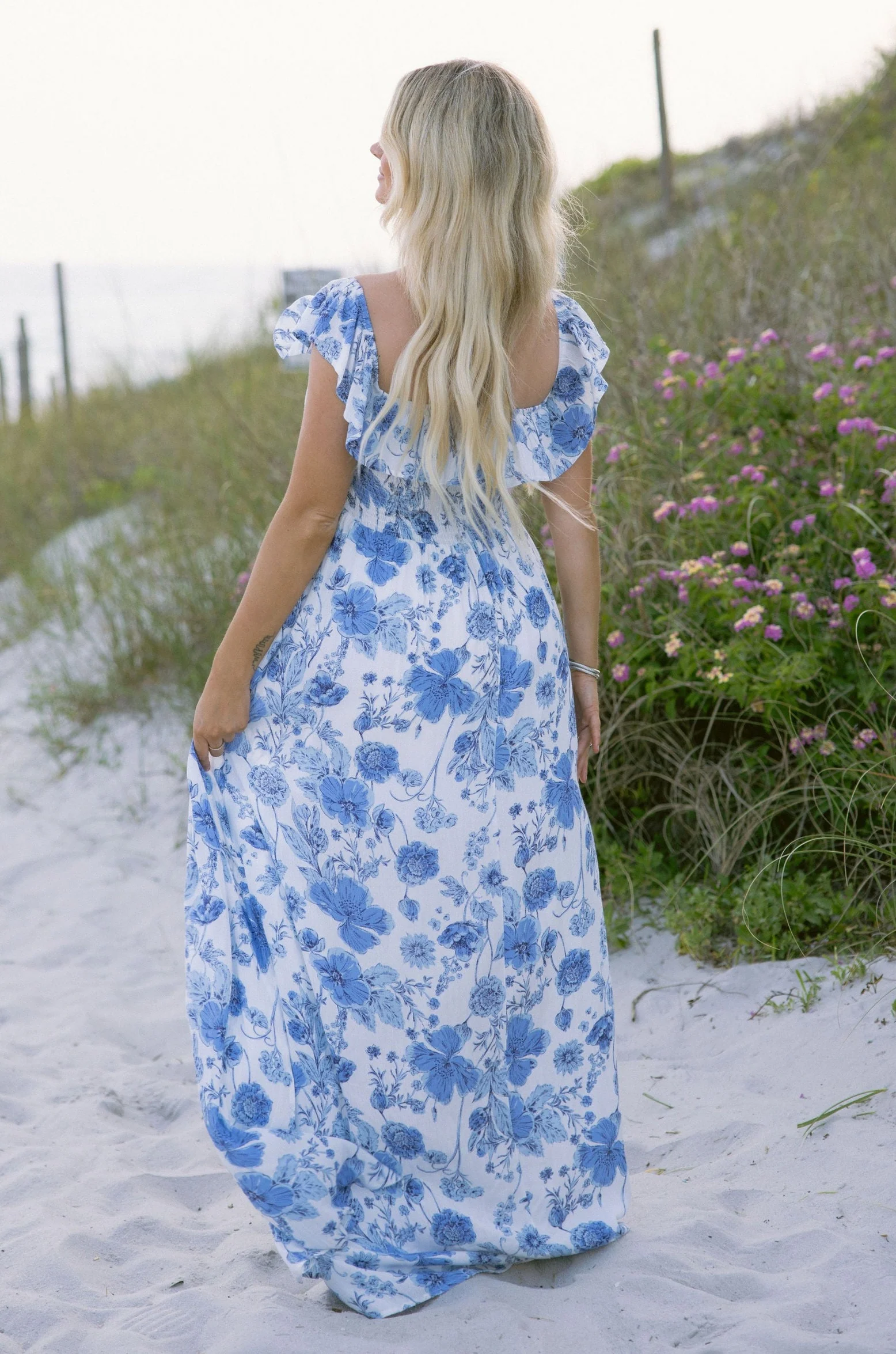Camila White & Blue Floral Ruffle Maxi Dress - Image 4