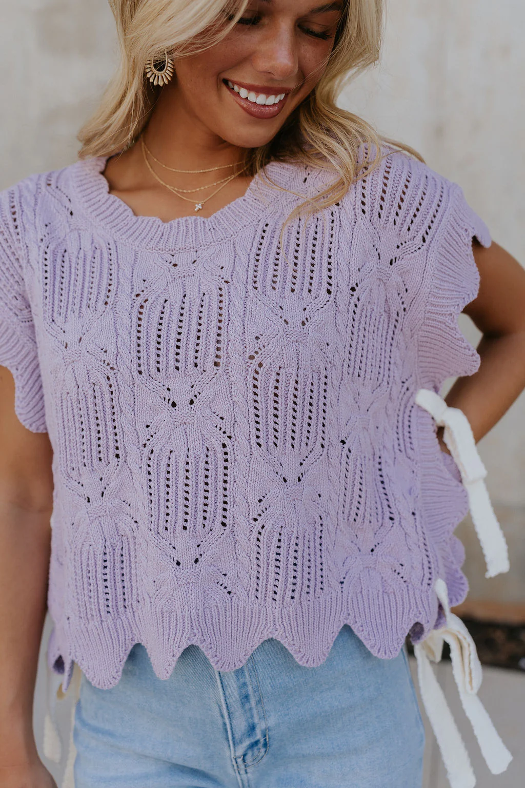 Camille Lavender Knit Side Ties Short Sleeve Top - Image 2