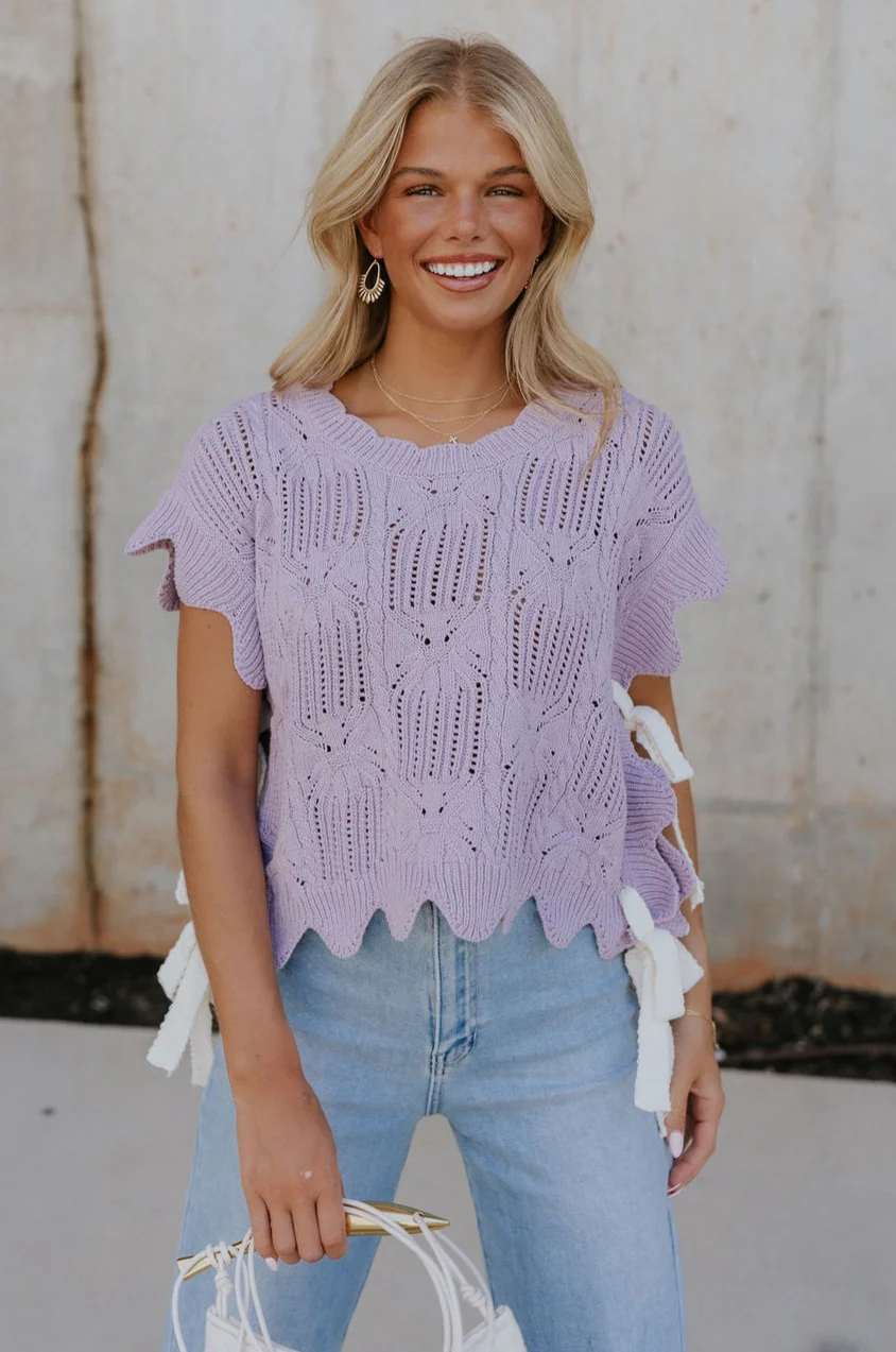 Camille Lavender Knit Side Ties Short Sleeve Top - Image 6