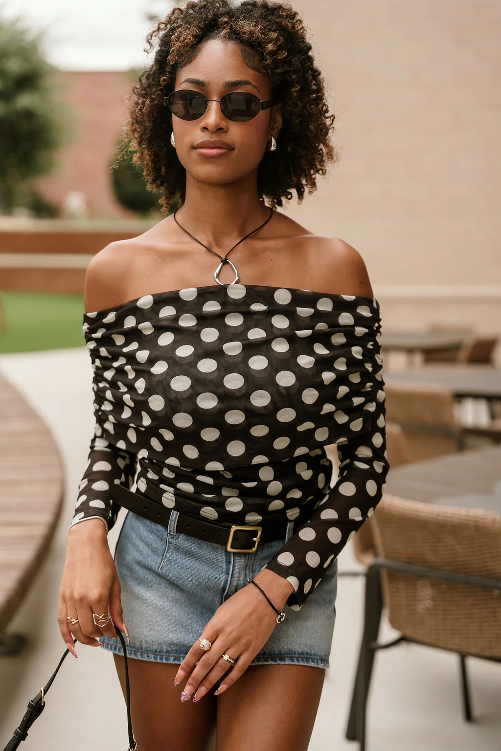 Candice Black Polka Dot Off-The-Shoulder Mesh Top - Image 3