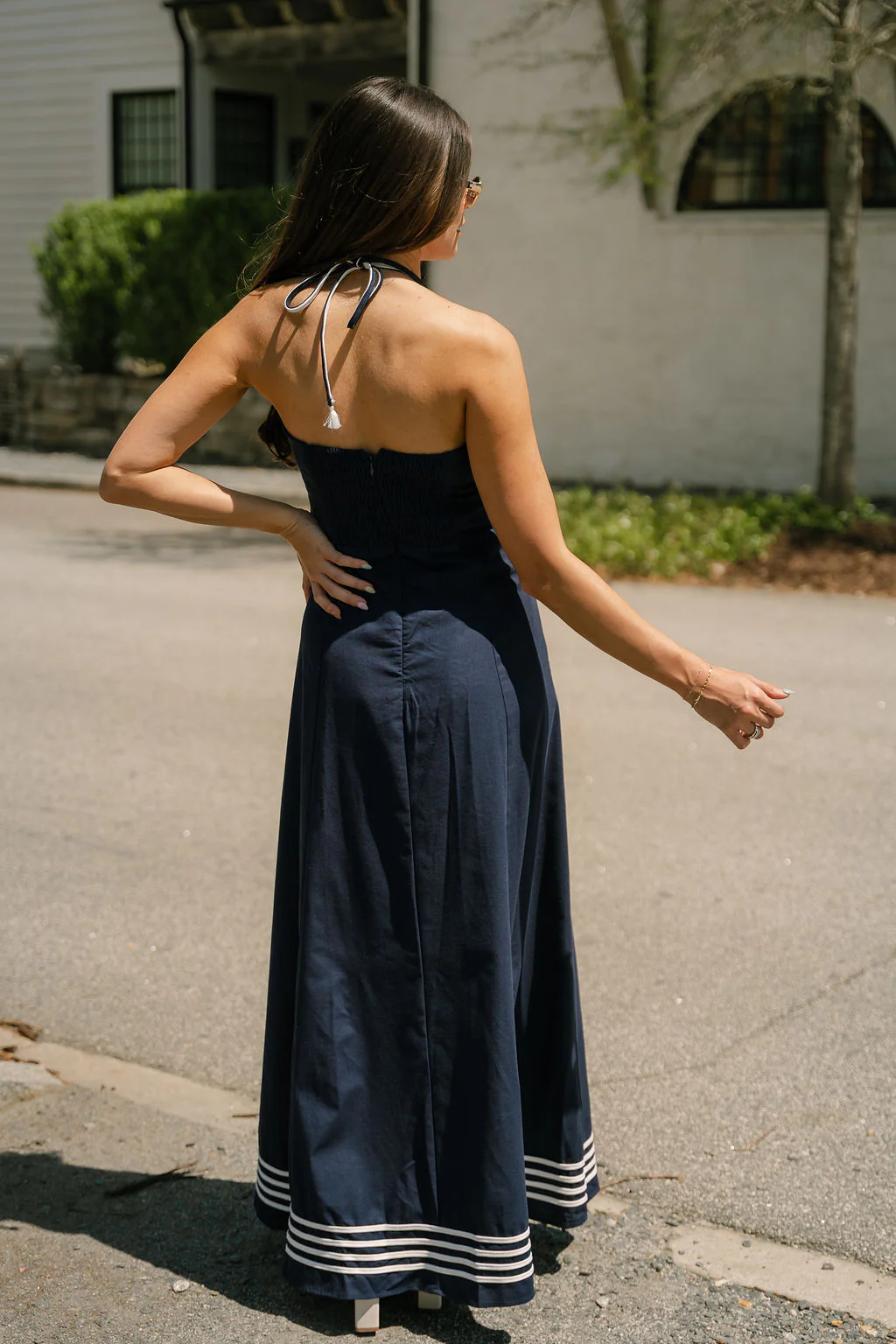 Carina Navy & White Halter Maxi Dress - Image 4