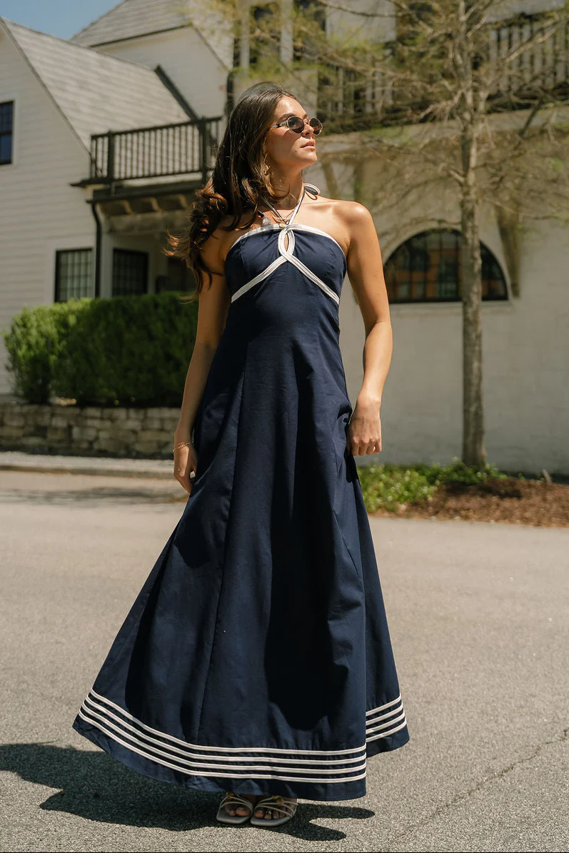 Carina Navy & White Halter Maxi Dress - Image 8