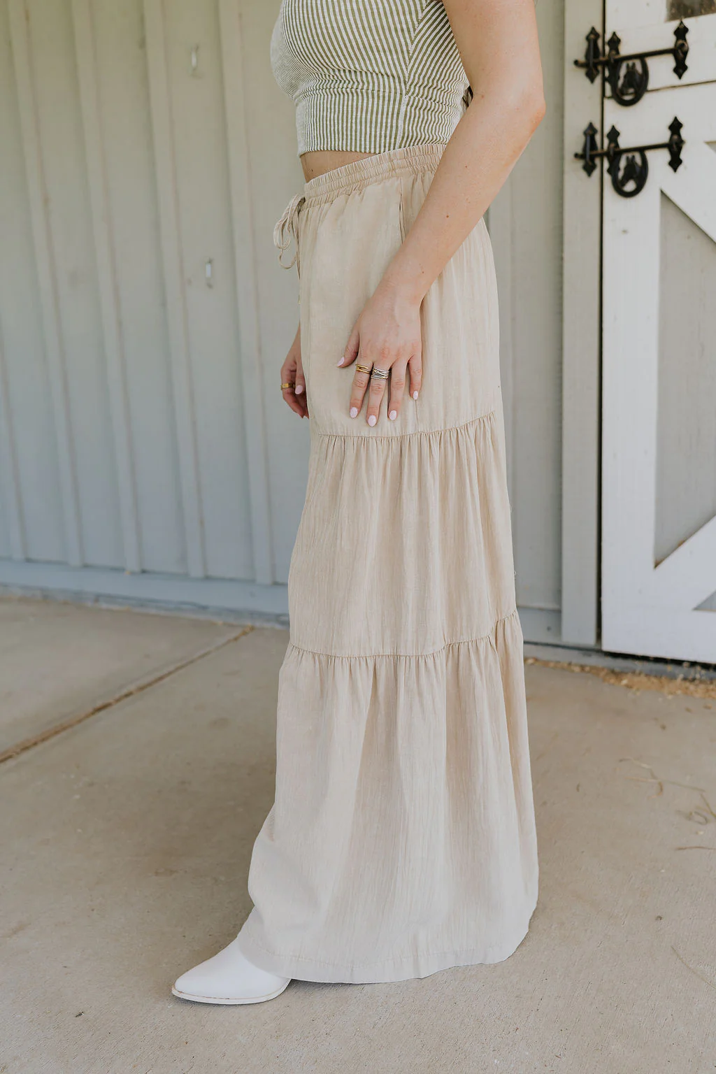 Carissa Washed Taupe Tiered Flare Pants - Image 10