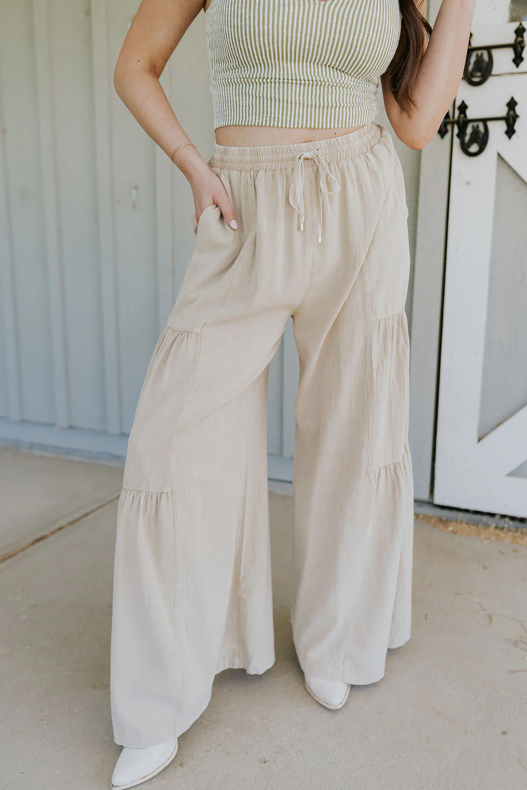Carissa Washed Taupe Tiered Flare Pants - Image 2