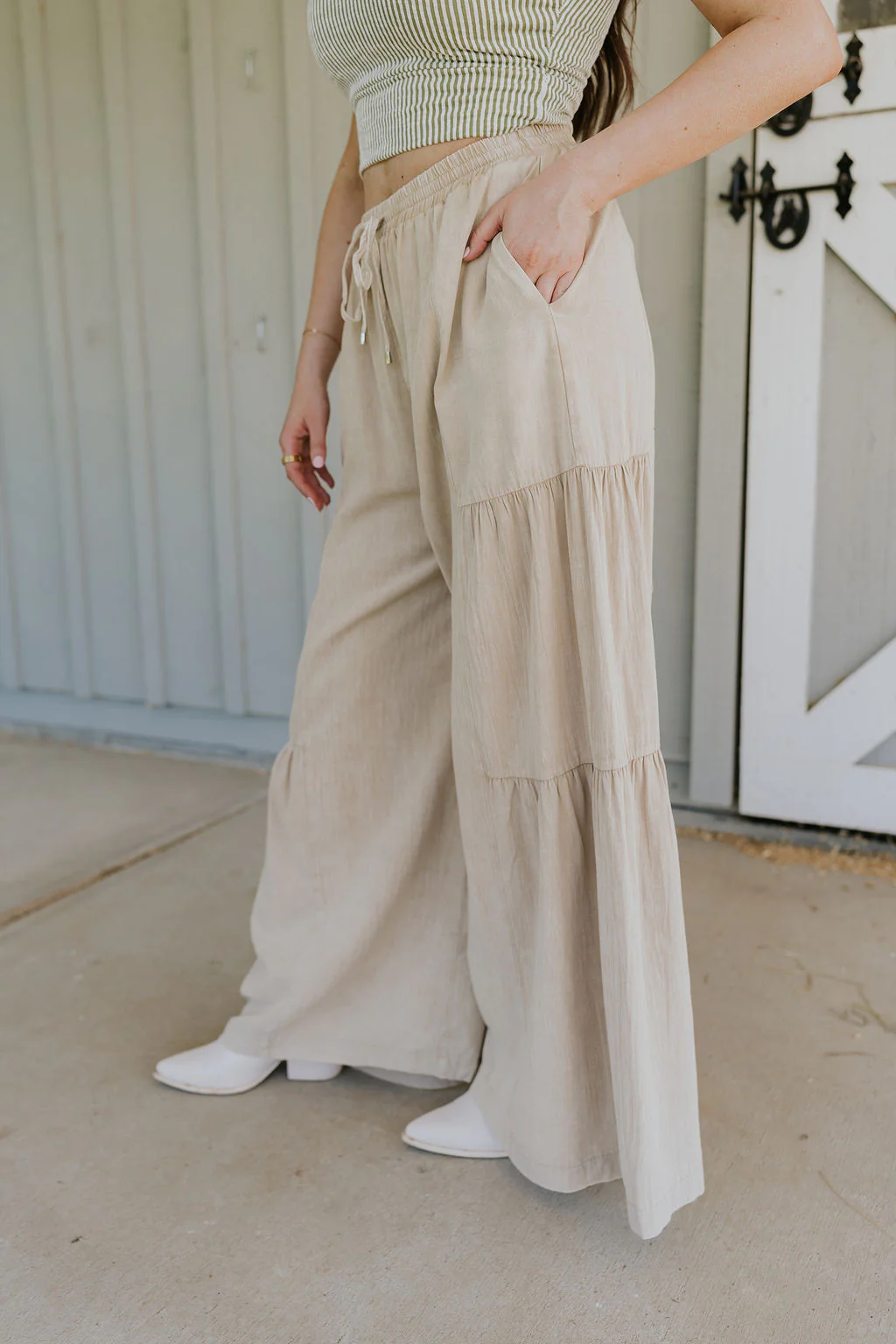 Carissa Washed Taupe Tiered Flare Pants - Image 3