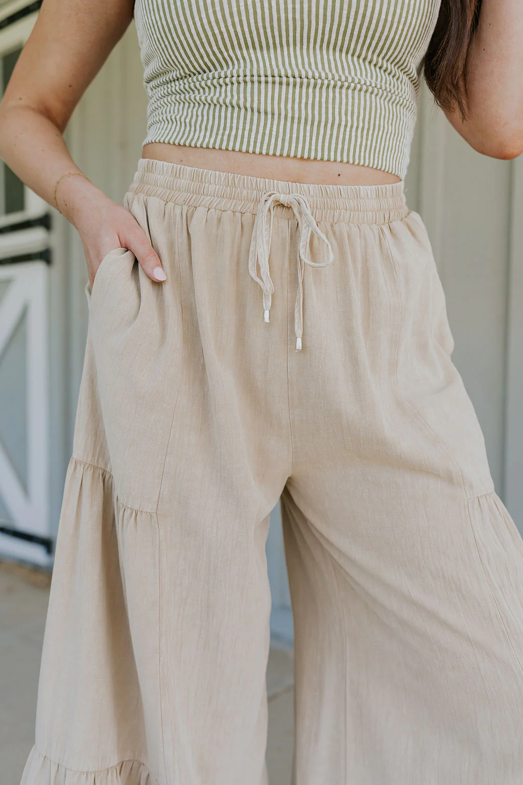 Carissa Washed Taupe Tiered Flare Pants - Image 9
