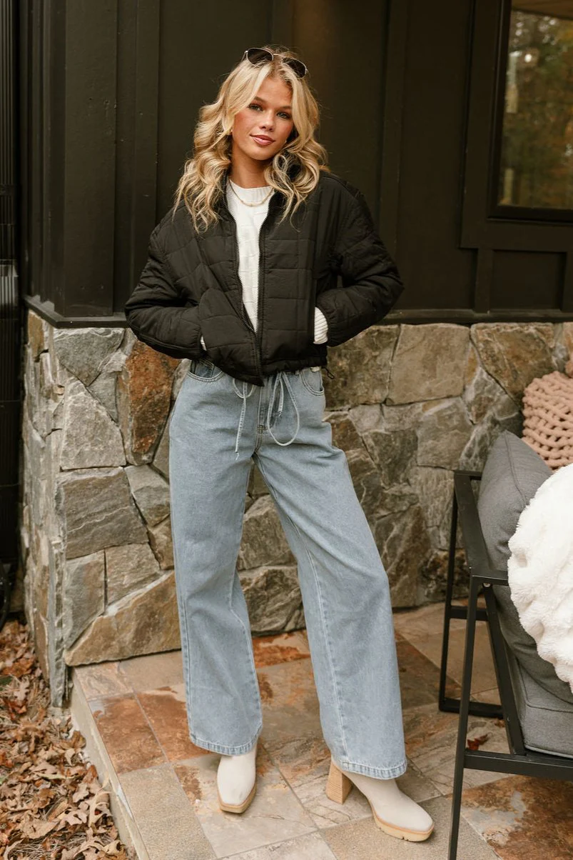 Carly Black Quilted Drawstring Puffer Jacket