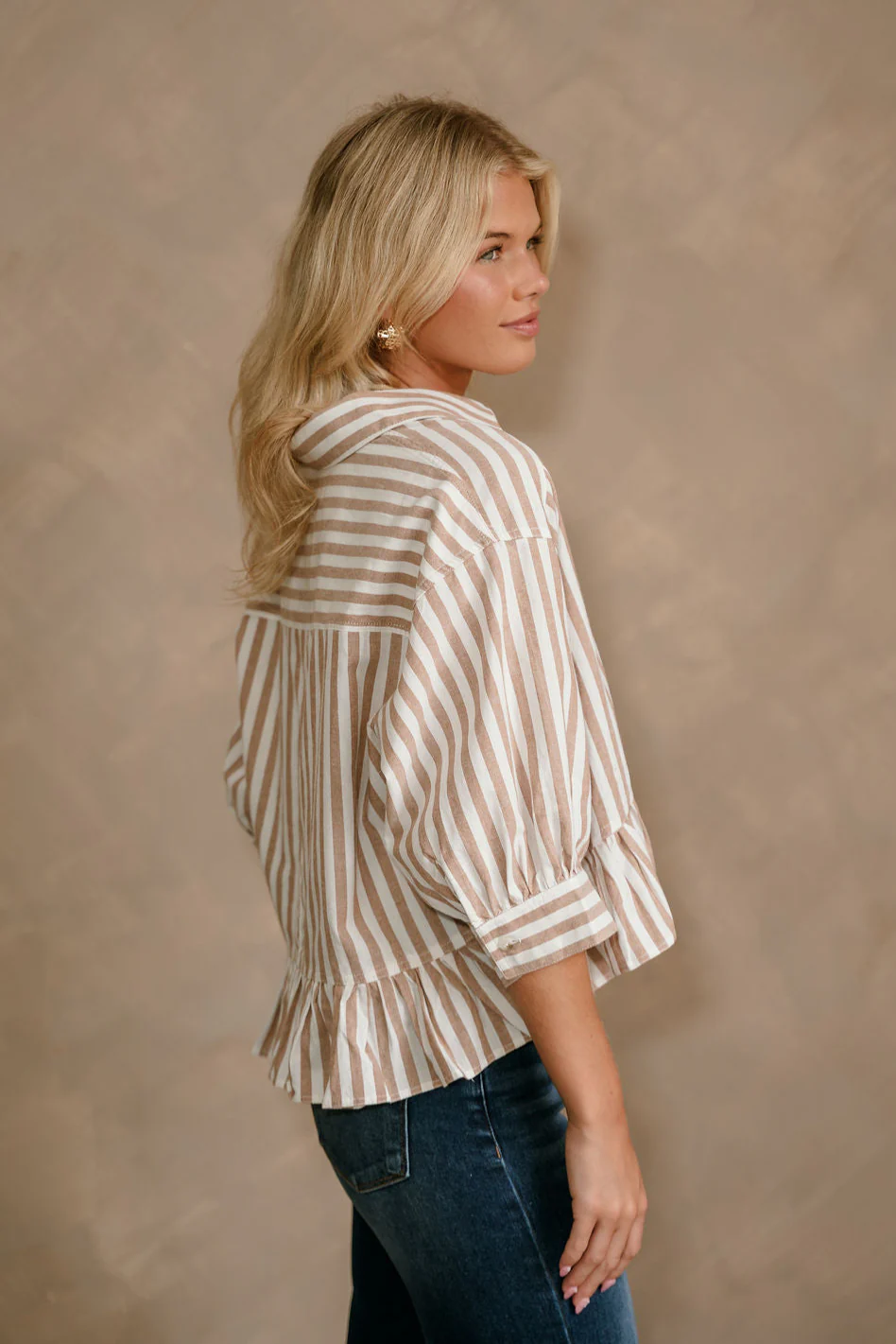 Carmen Brown & White Stripe Peplum Top - Image 3
