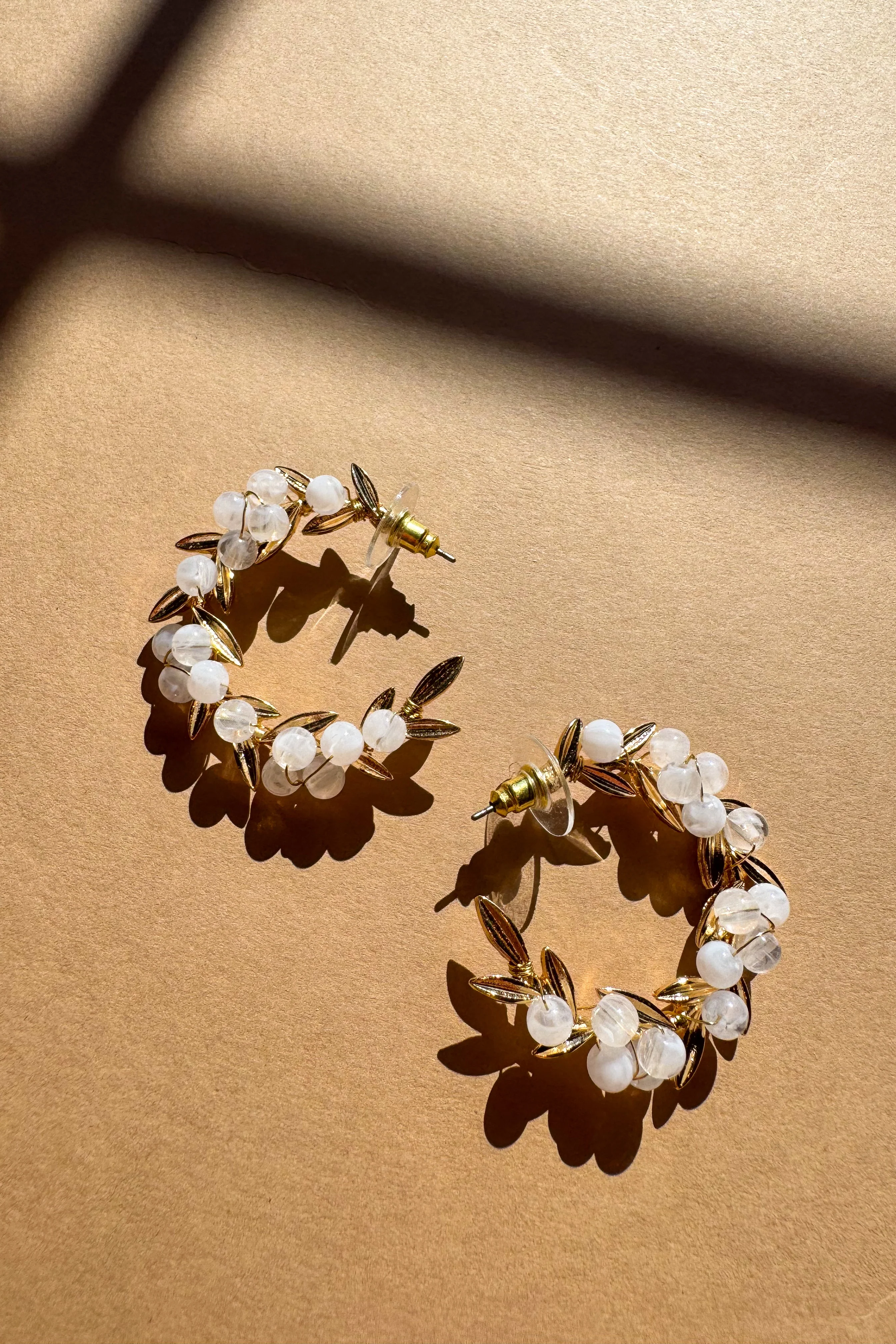 Carolina Beaded Gold Leaf Hoop Earrings