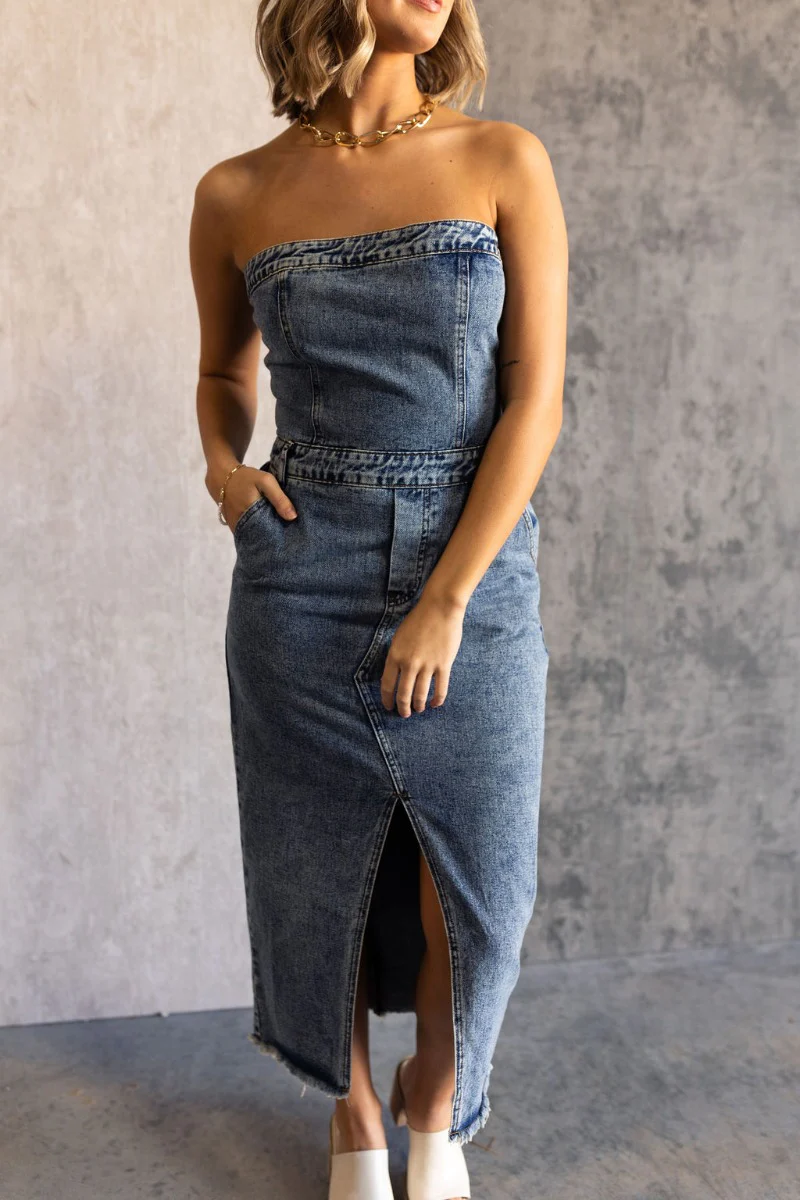 Carrie Washed Denim Slit Strapless Midi Dress - Image 5