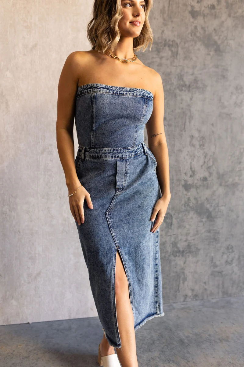 Carrie Washed Denim Slit Strapless Midi Dress - Image 6