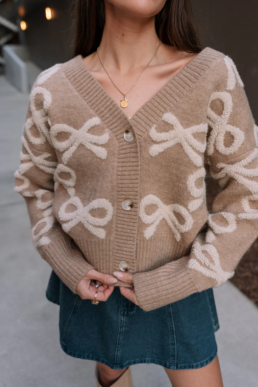 Carter Taupe & Cream Bows Knit Cardigan - Image 3