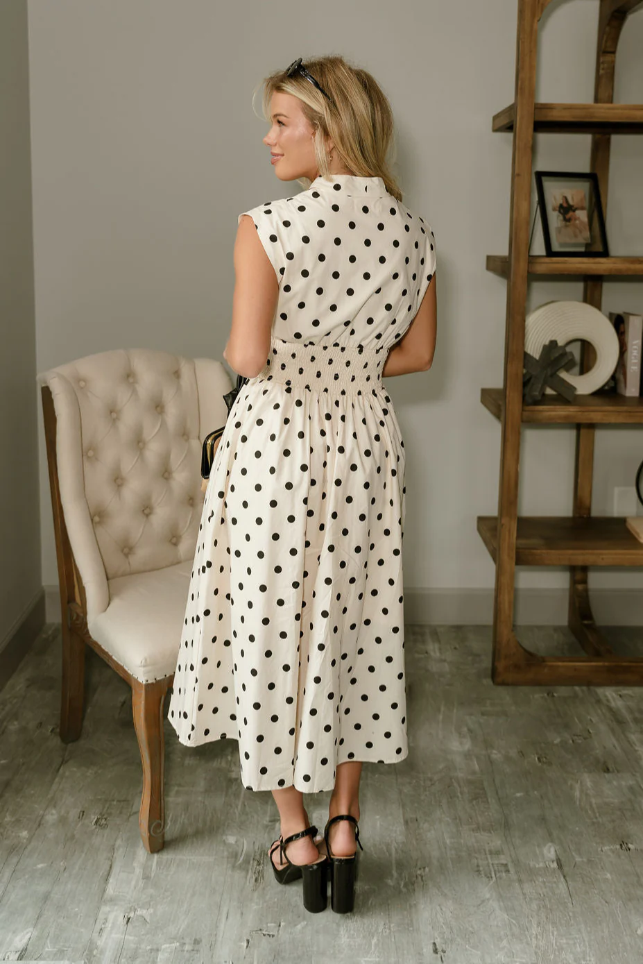 Casey Beige & Black Polka Dot Midi Dress - Image 7