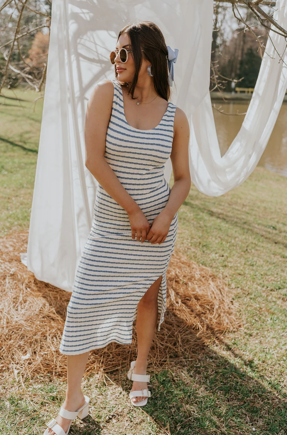 Casey Cream & Blue Striped Midi Dress - Image 3