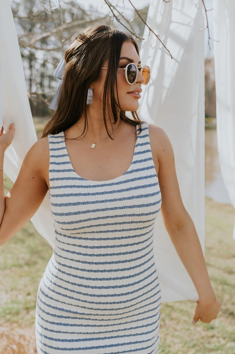 Casey Cream & Blue Striped Midi Dress - Image 4