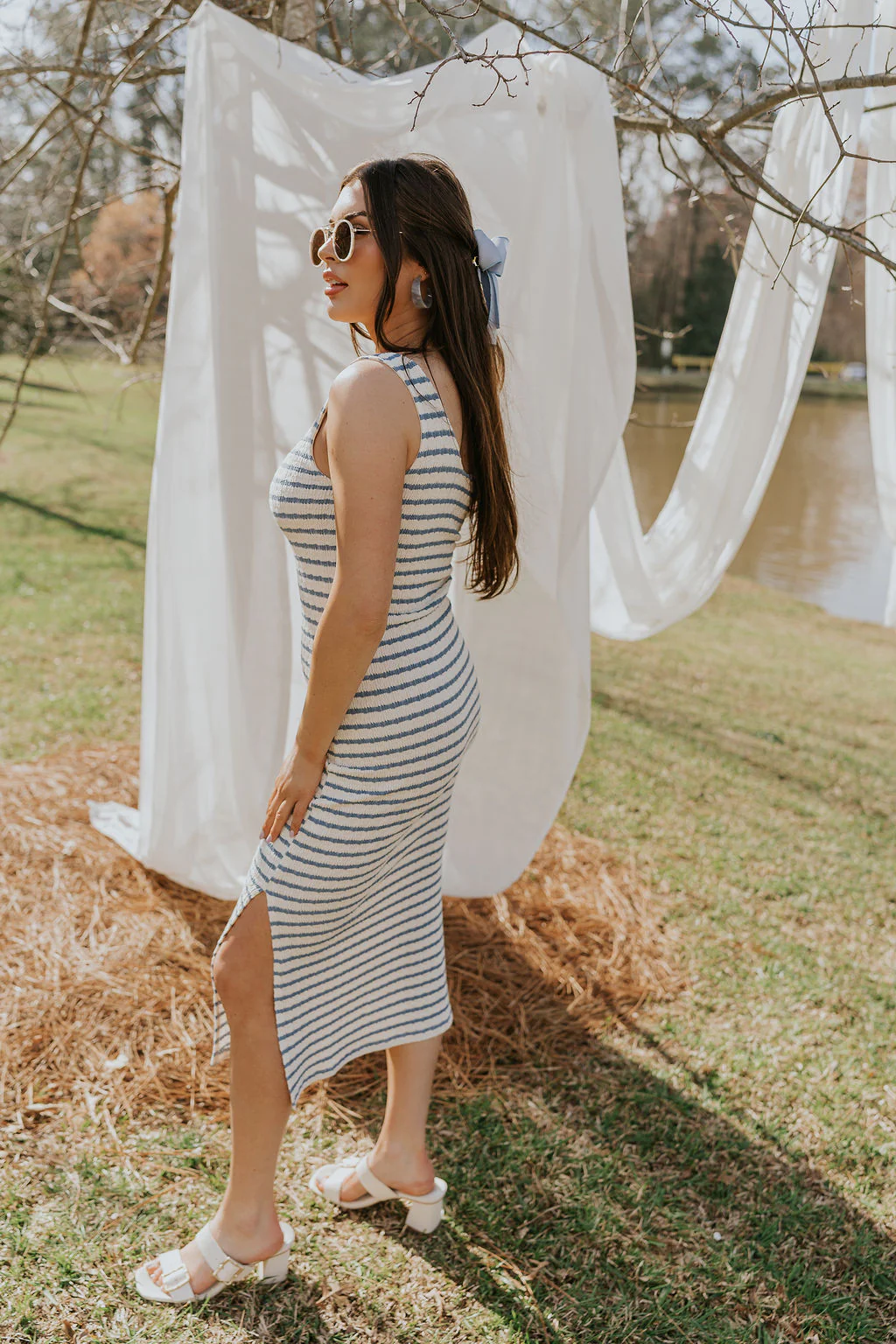 Casey Cream & Blue Striped Midi Dress - Image 5