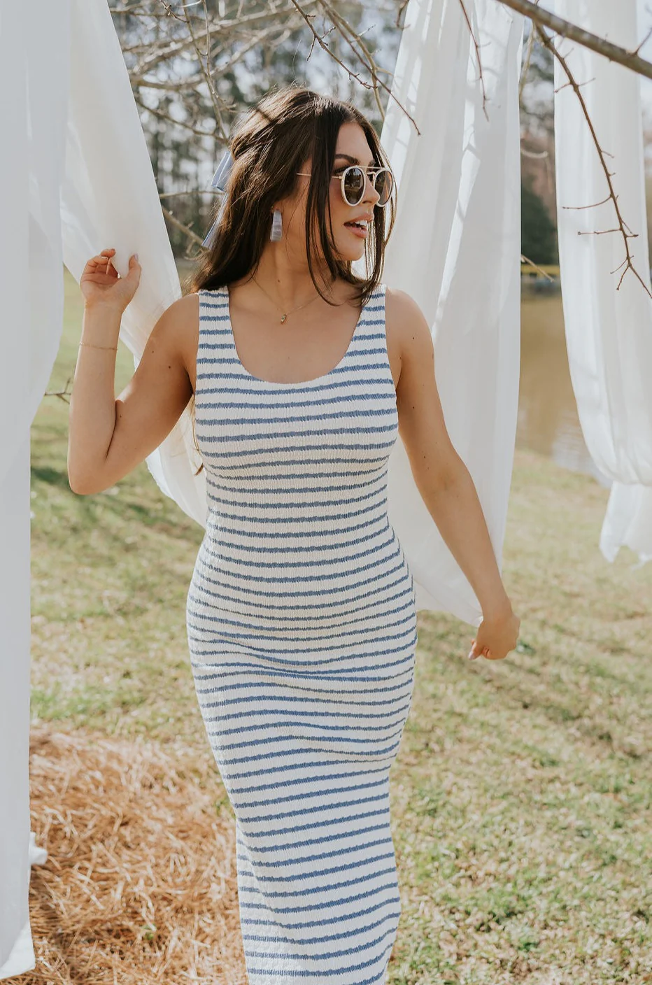 Casey Cream & Blue Striped Midi Dress - Image 6