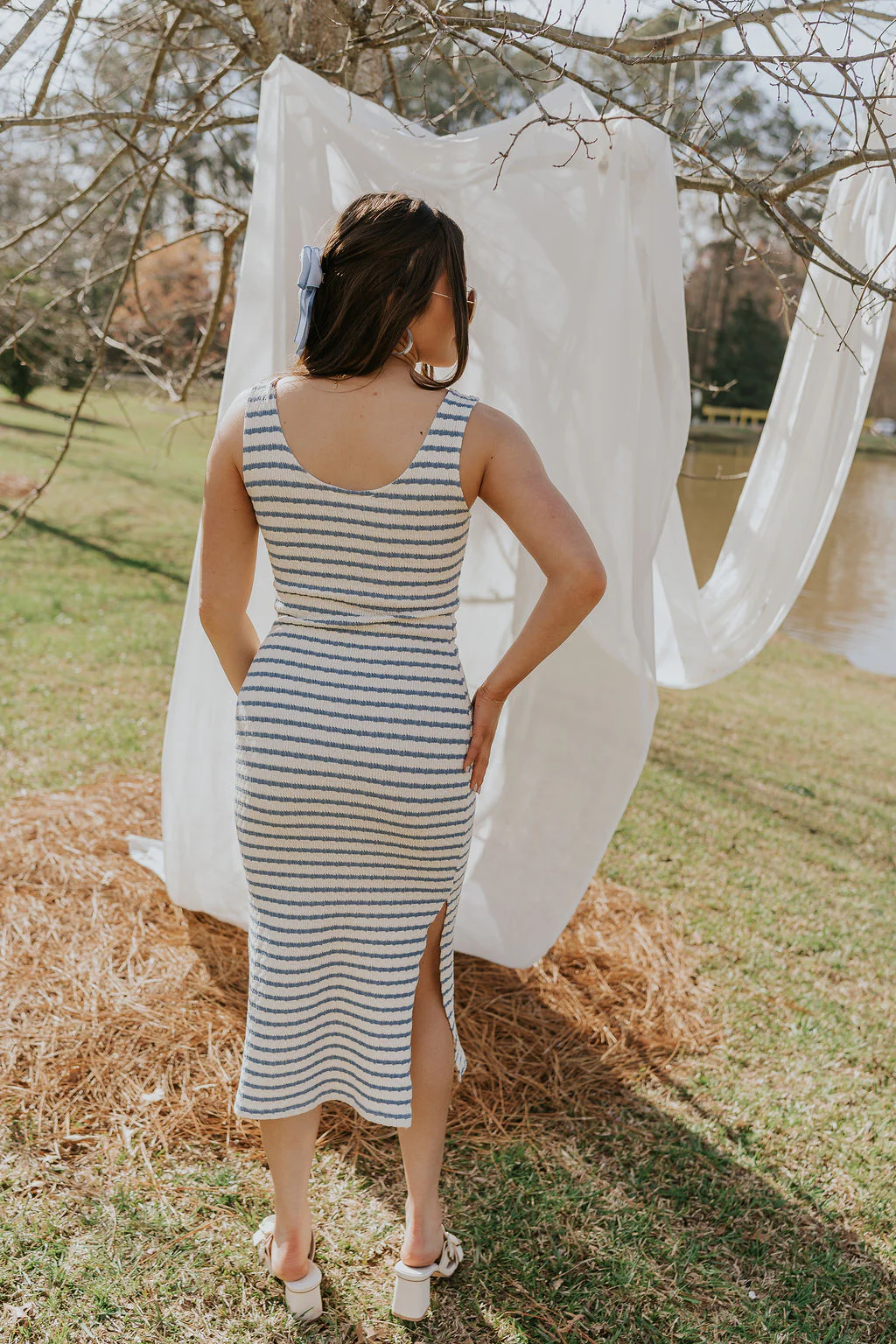 Casey Cream & Blue Striped Midi Dress - Image 7