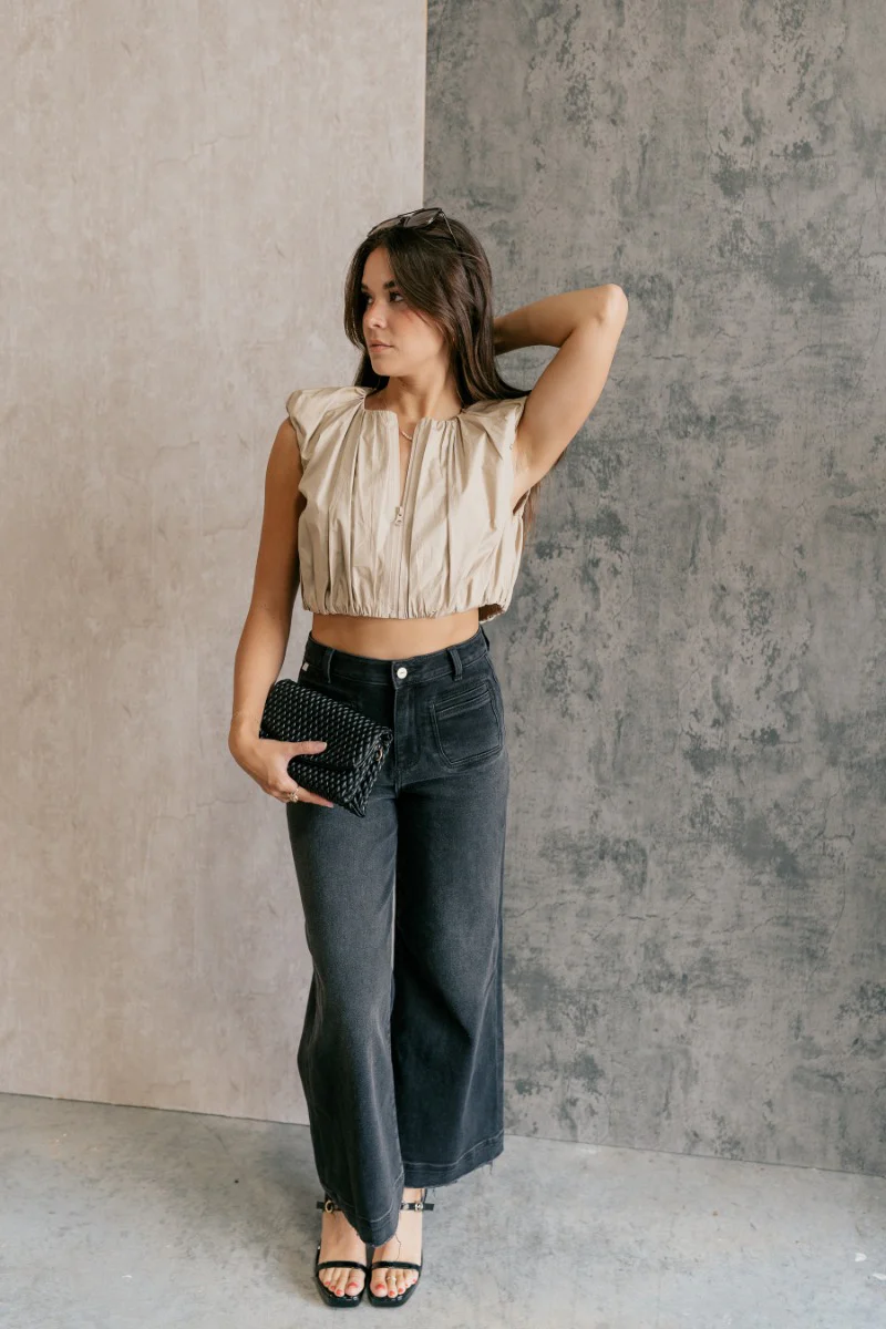 Casey Khaki Zip-Front Cropped Tank Top - Image 2