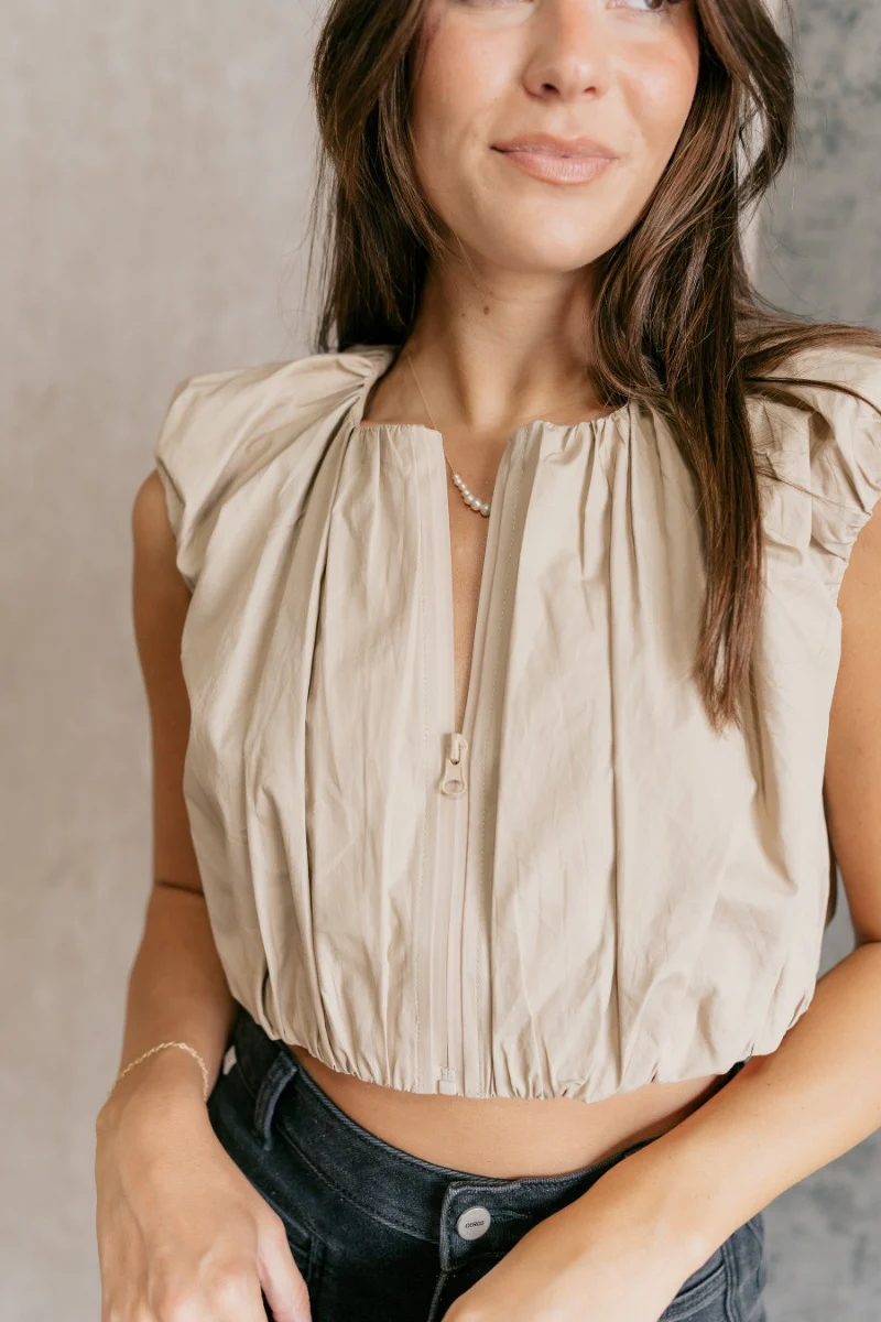 Casey Khaki Zip-Front Cropped Tank Top - Image 3