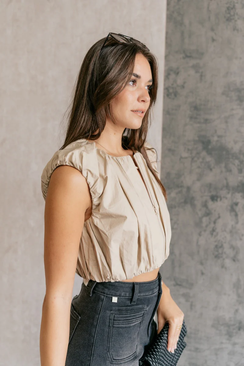 Casey Khaki Zip-Front Cropped Tank Top - Image 4