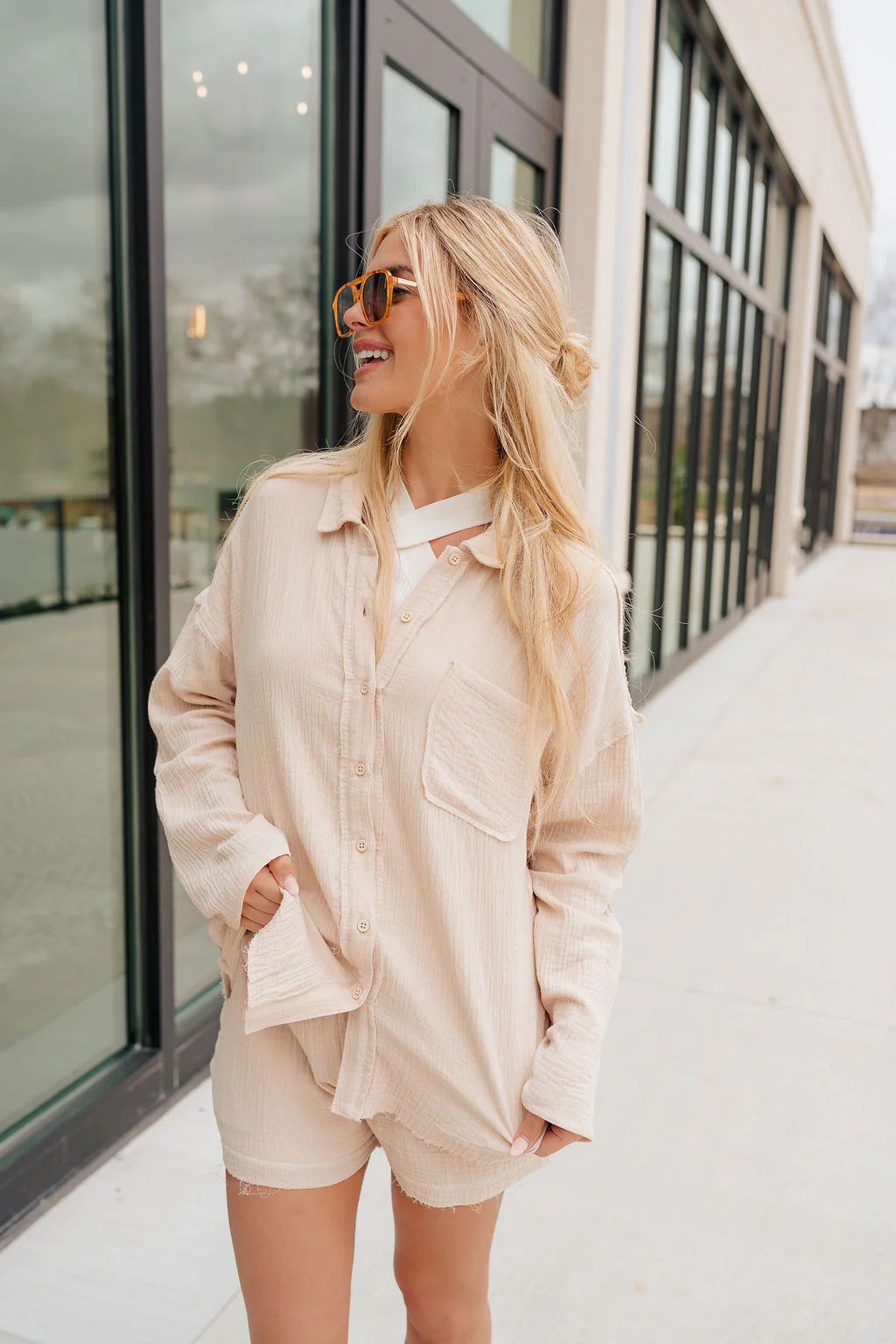 Cassidy Beige Gauze Long Sleeve Top